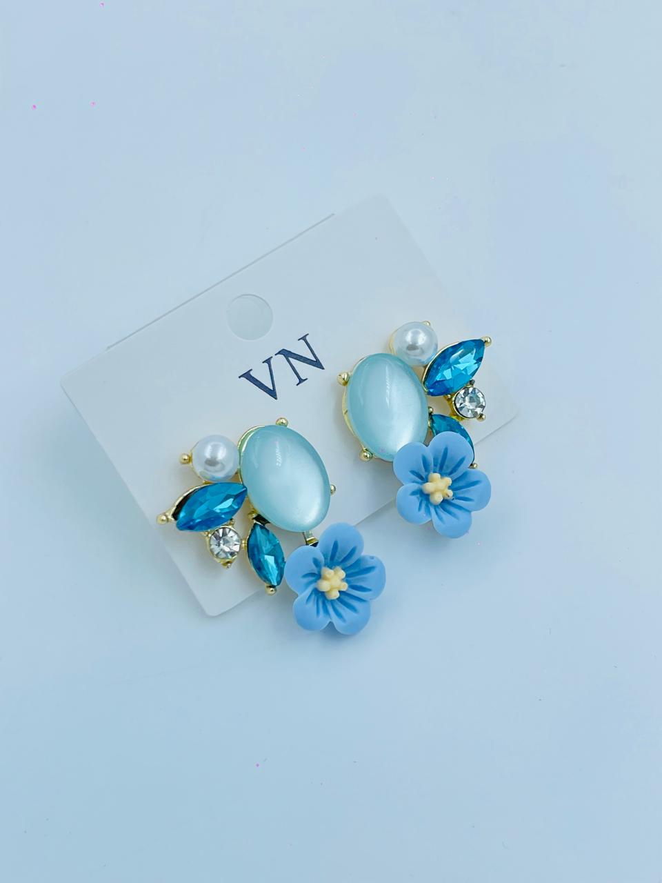 Blue Floral Stud Earrings with Pearls and Crystals