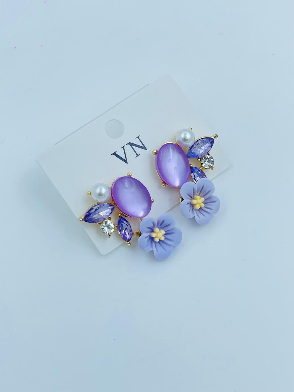 Purple Floral Stud Earrings with Pearls and Crystals