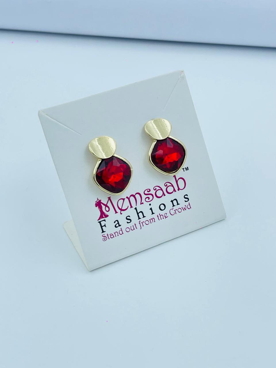 Red Stone Stud Earrings with Gold Accent