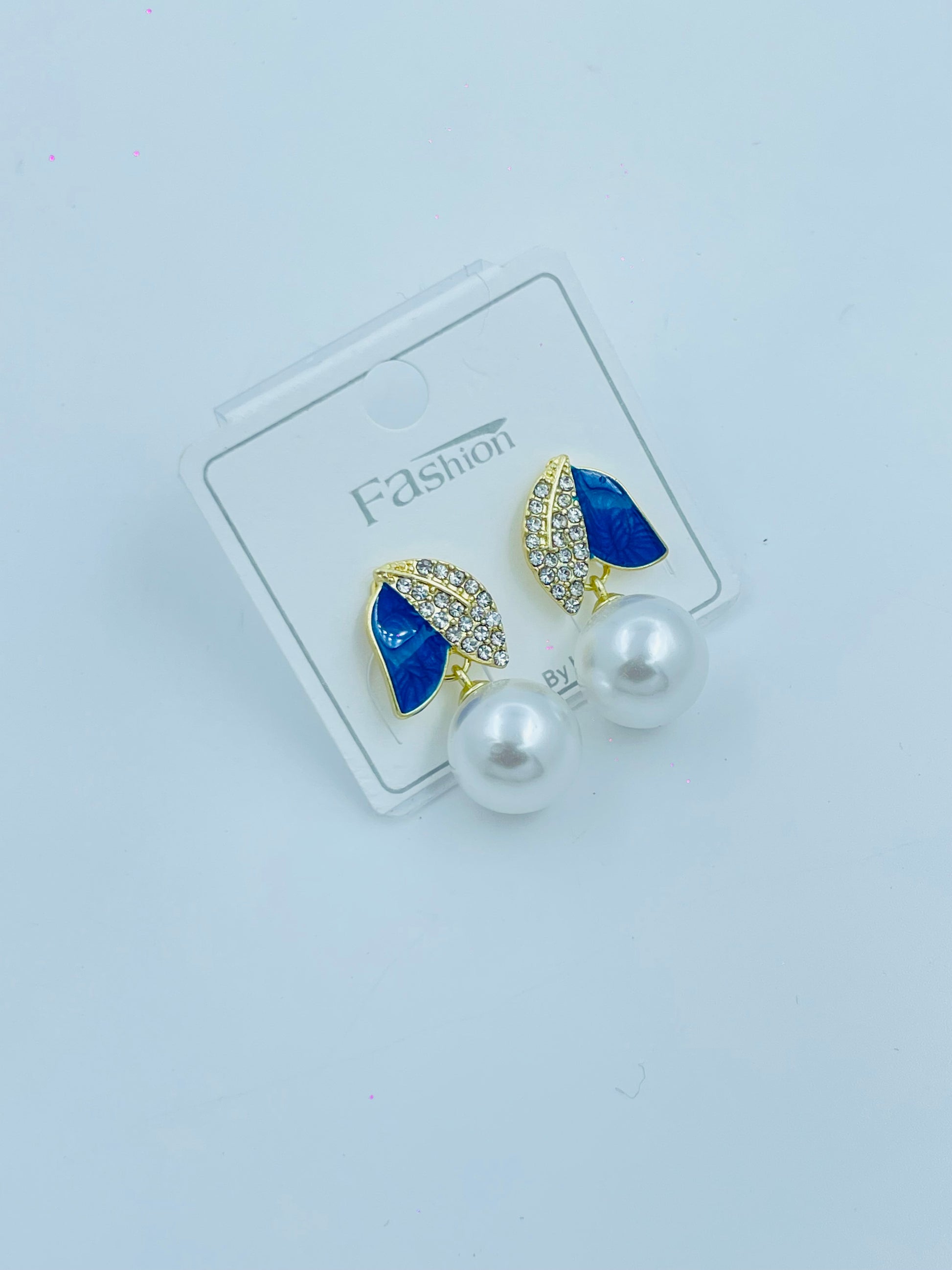 Glamorous Blue Leaf and Pearl Earrings