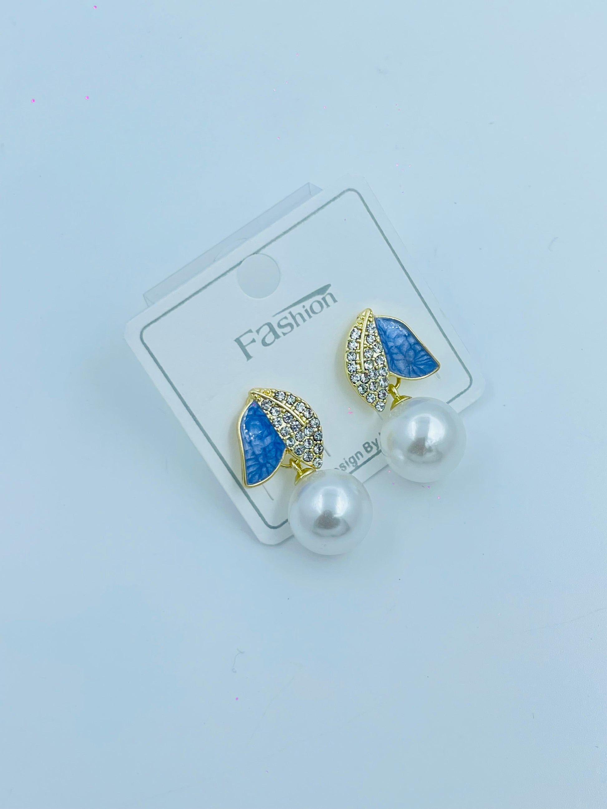 Elegant Blue Leaf and Pearl Earrings