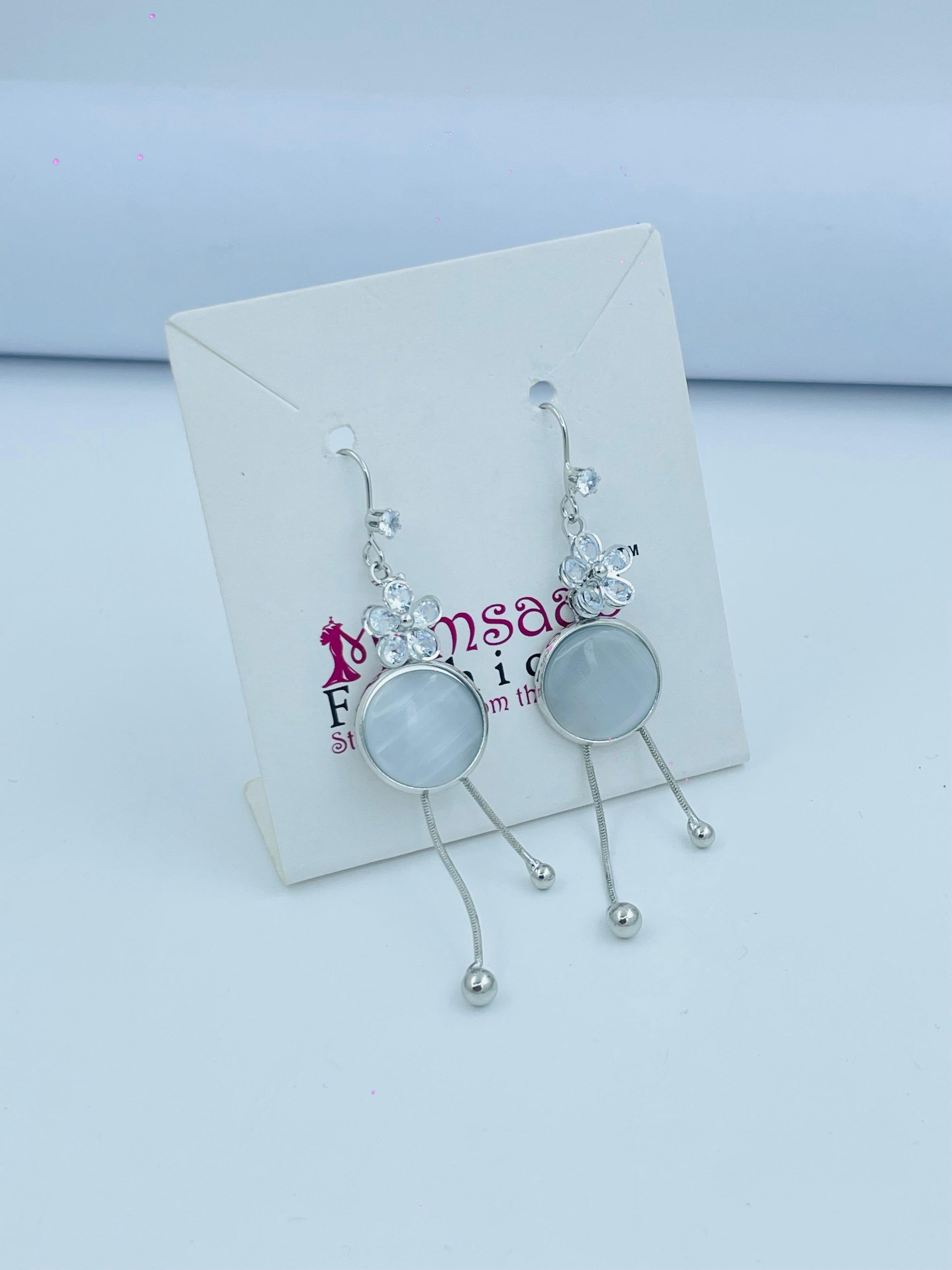Crystal and Flower Design Drop Earrings in Silver and Gold