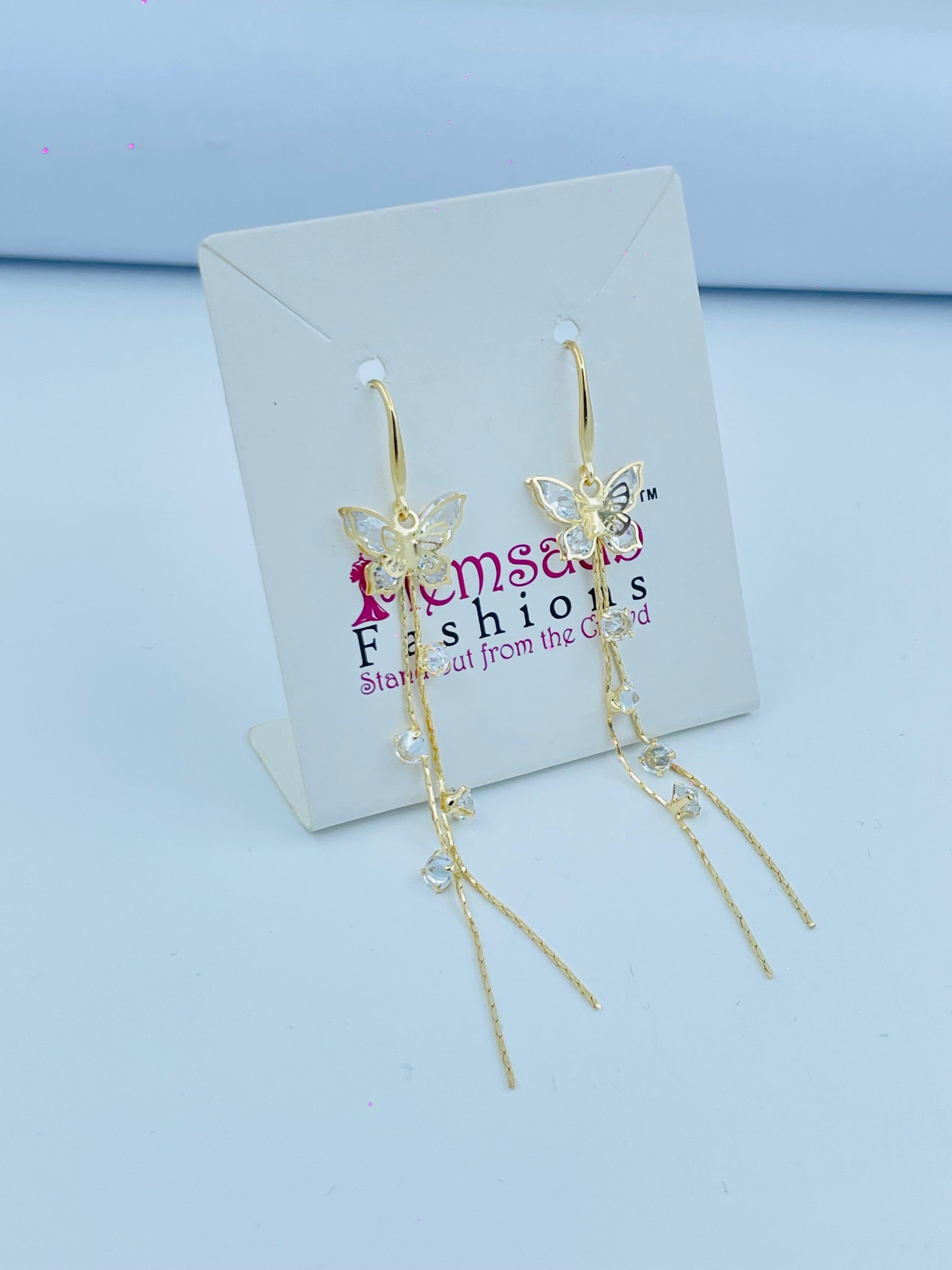 Elegant Butterfly Drop Earrings with Sparkling Crystals in Silver and Gold