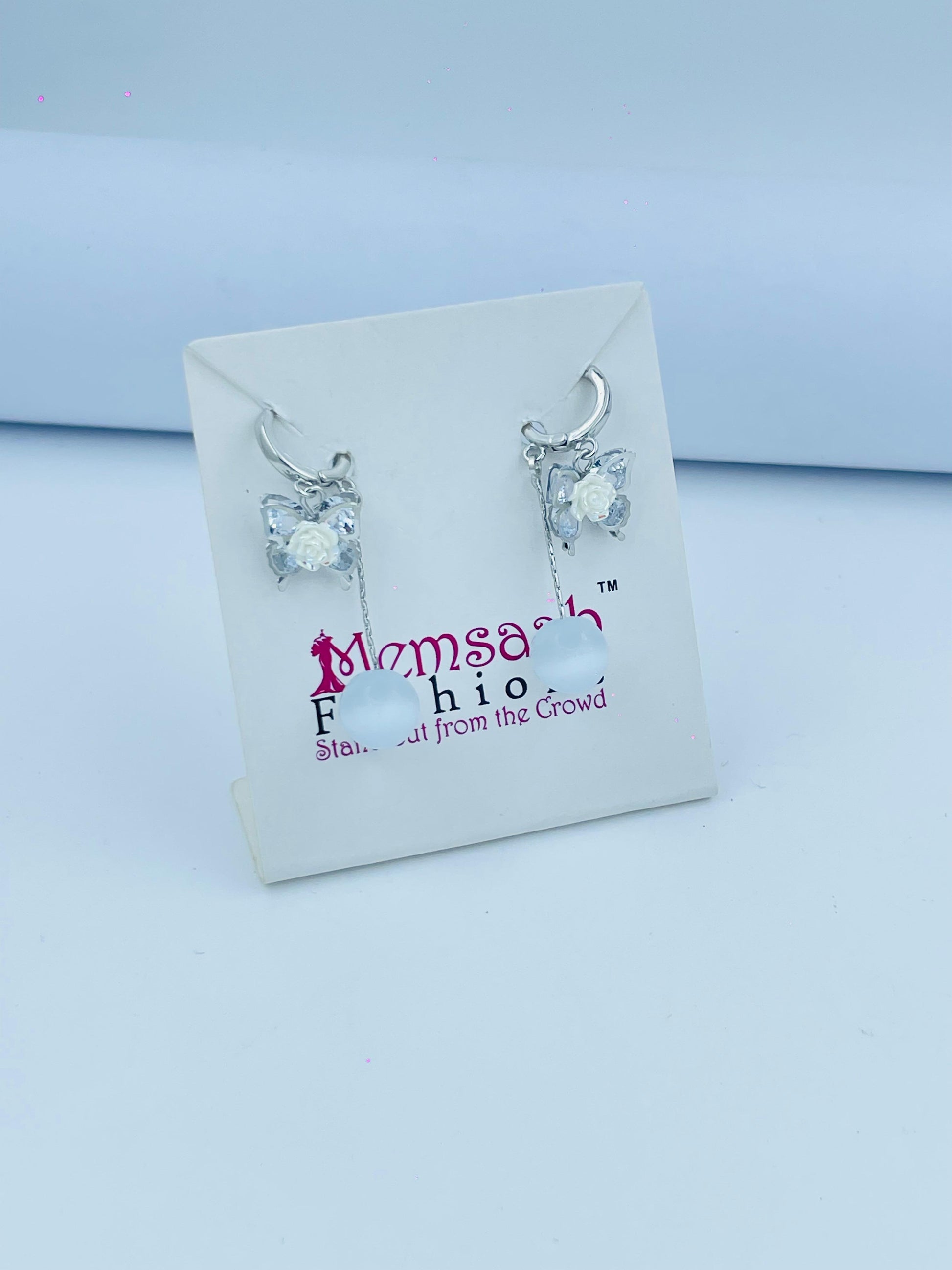Butterfly Drop Earrings with Floral Details and Sparkling Crystals in Silver and Gold