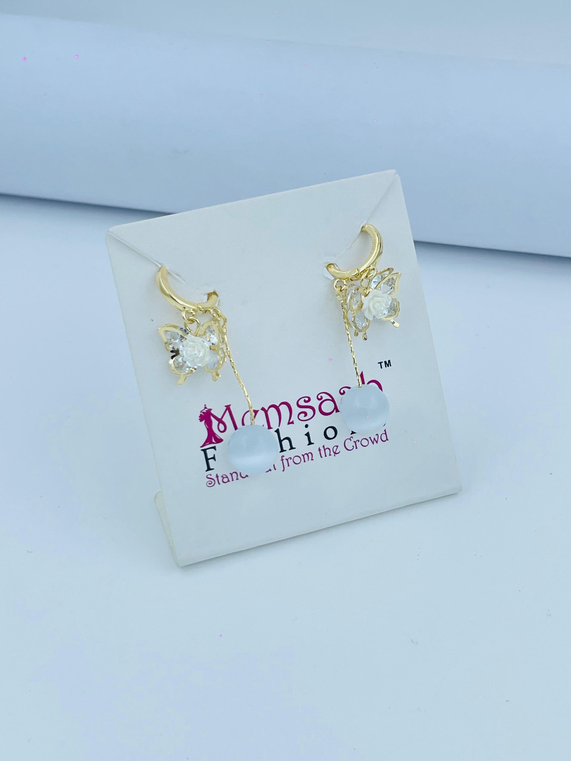 Butterfly Drop Earrings with Floral Details and Sparkling Crystals in Silver and Gold