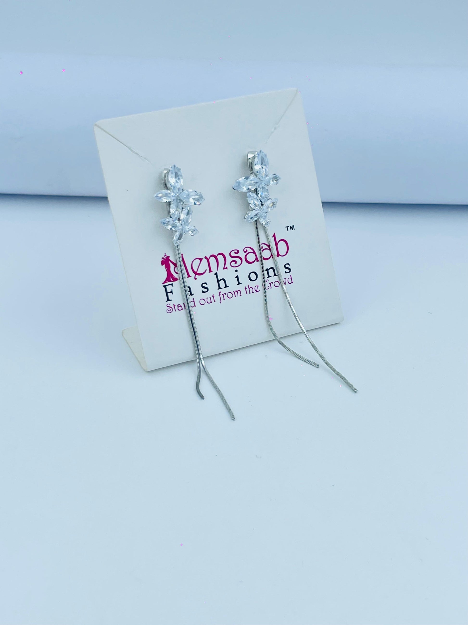 Crystal Flower Drop Earrings with Slim Chains in Silver and Gold