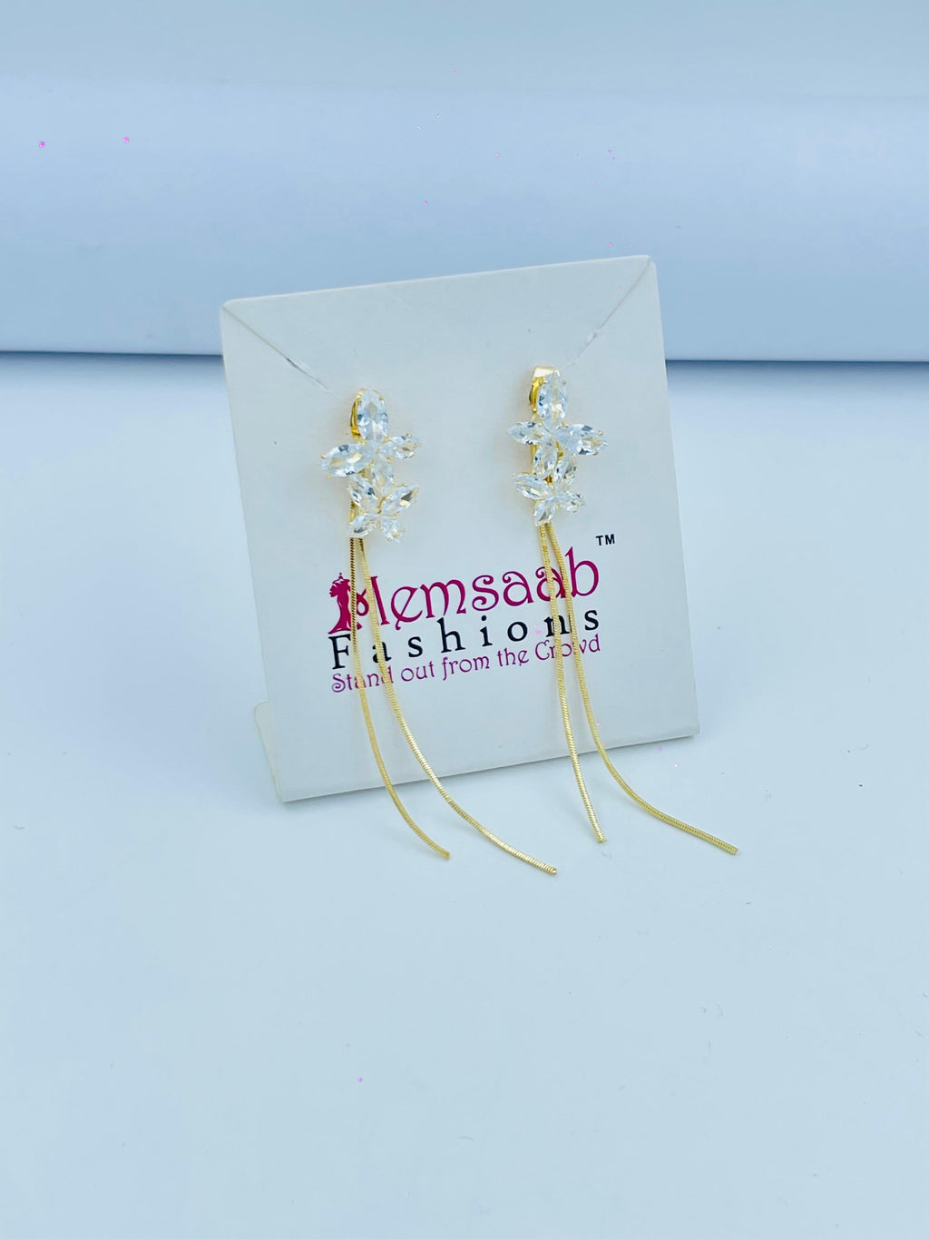 Crystal Flower Drop Earrings with Slim Chains in Silver and Gold