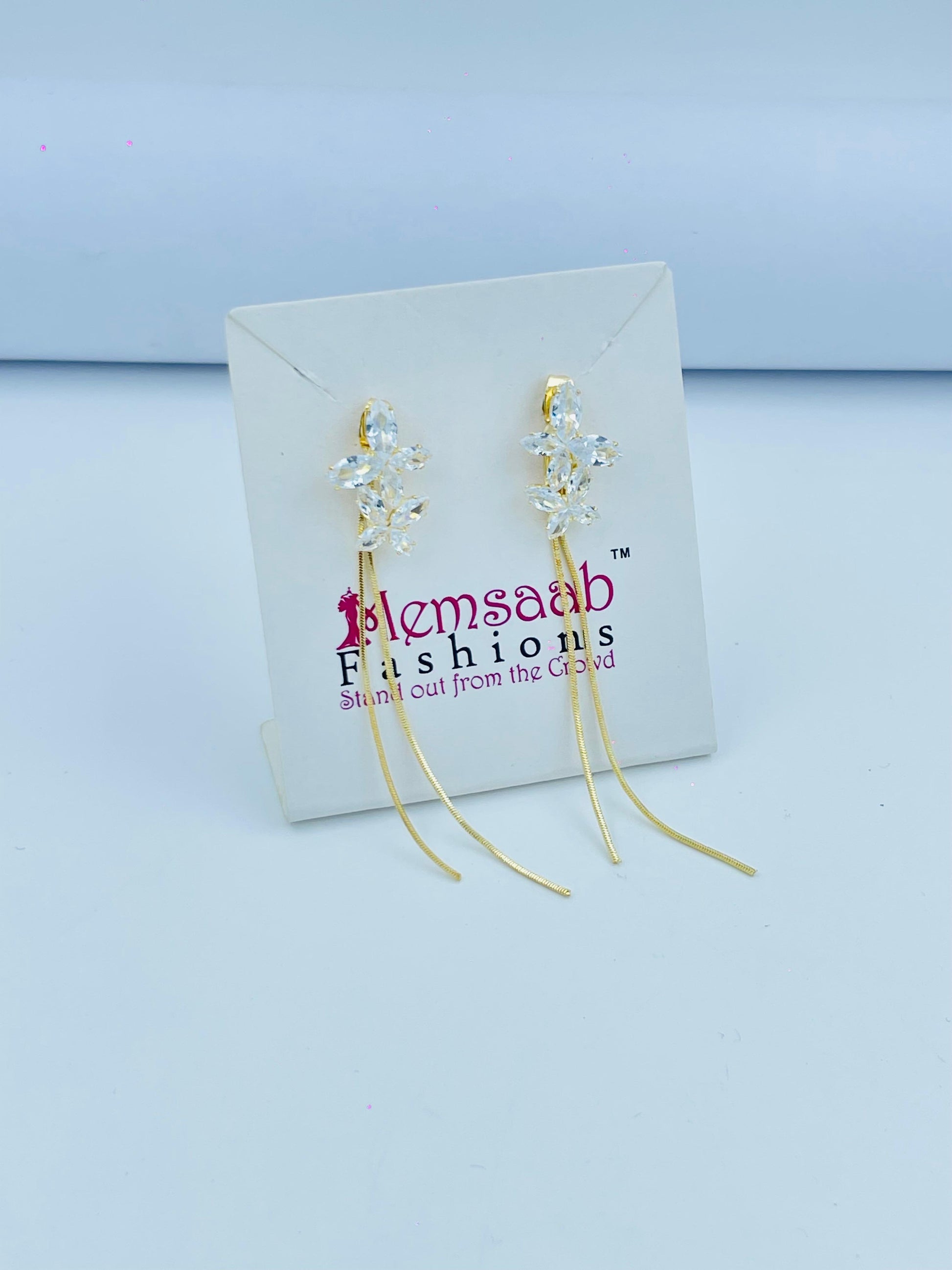 Crystal Flower Drop Earrings with Slim Chains in Silver and Gold