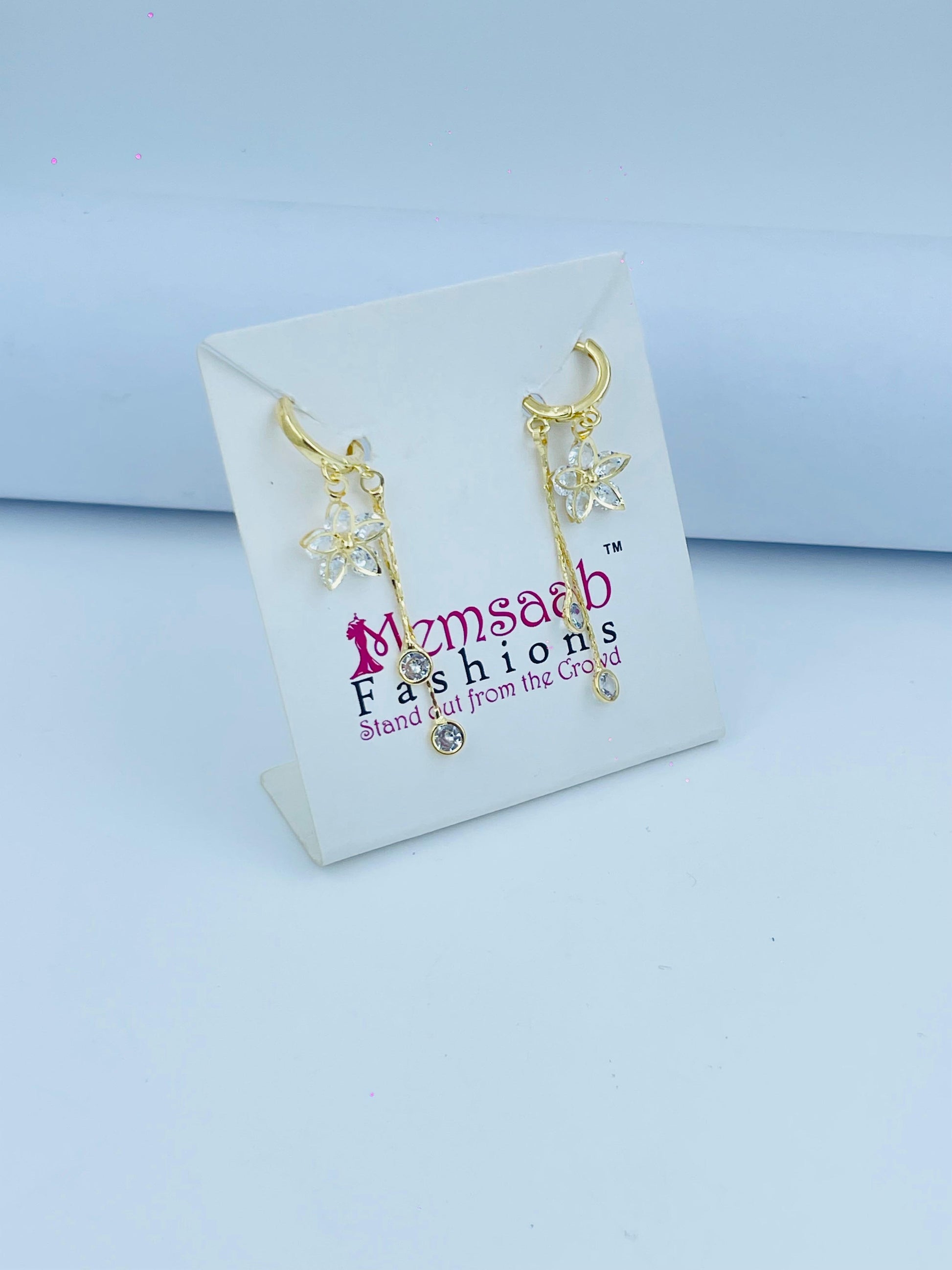 Flower Design Drop Earrings with Crystal Accents in Silver and Gold