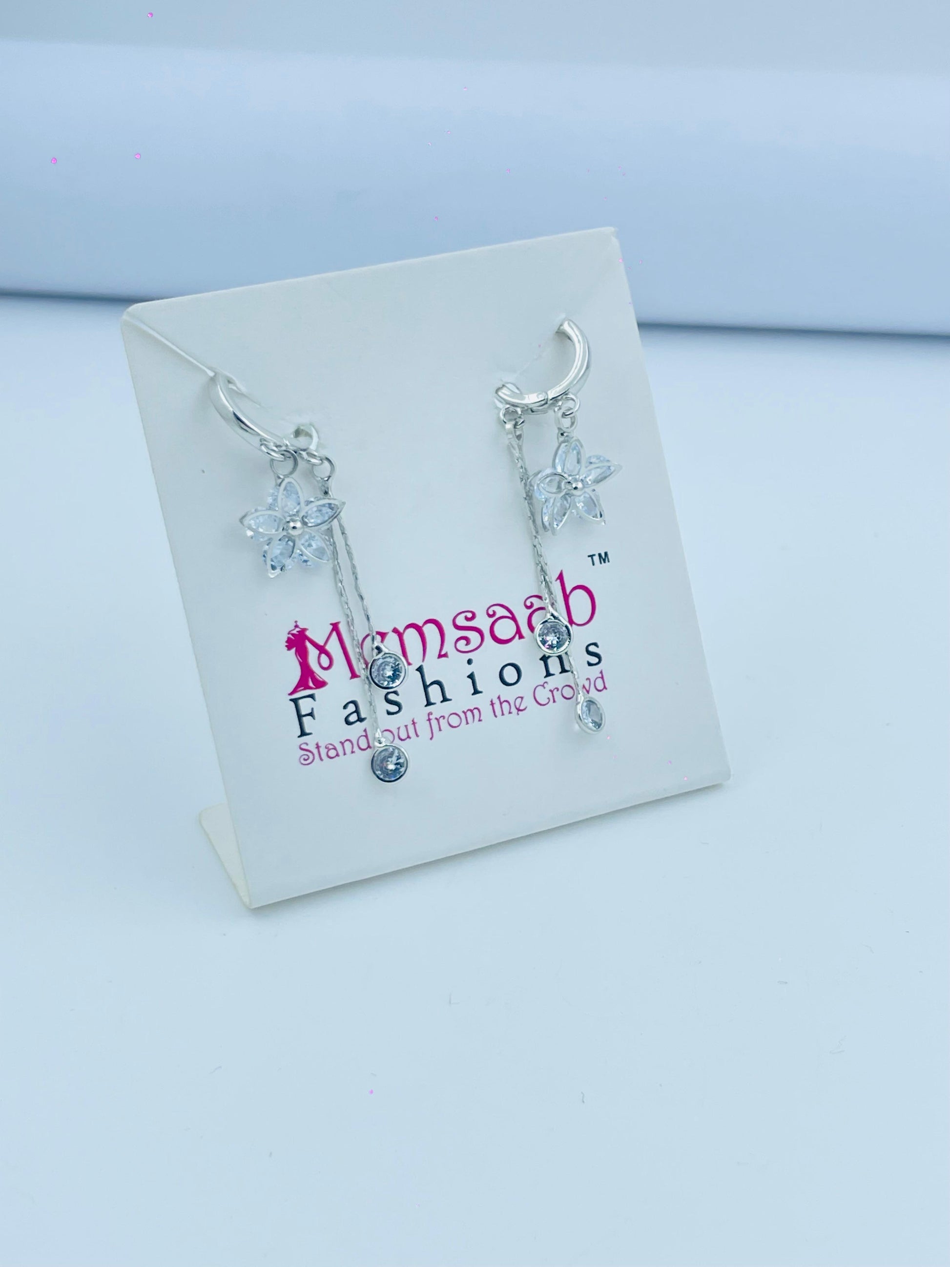Flower Design Drop Earrings with Crystal Accents in Silver and Gold