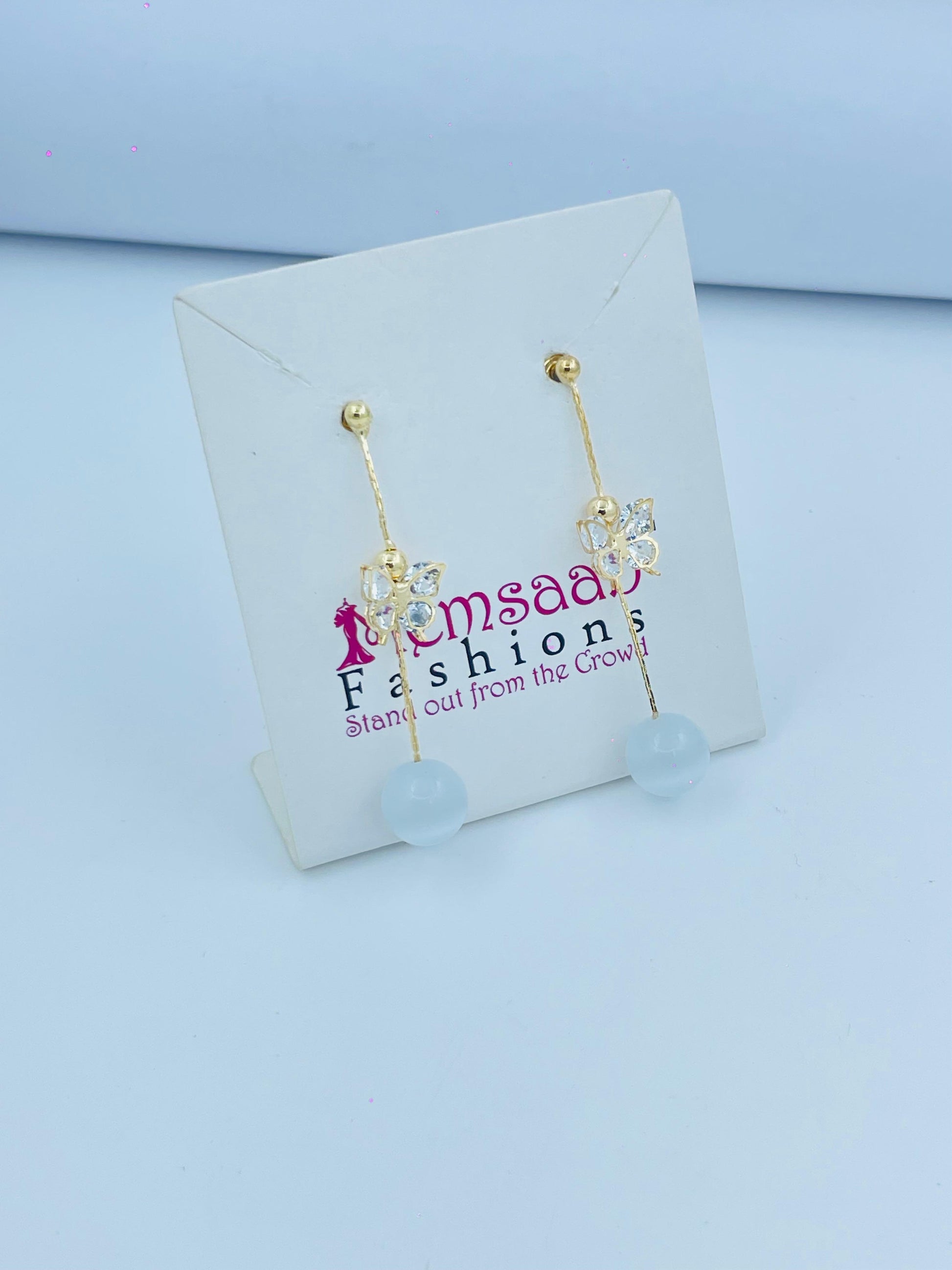 Elegant Butterfly Drop Earrings in Silver and Gold with Frosted Beads