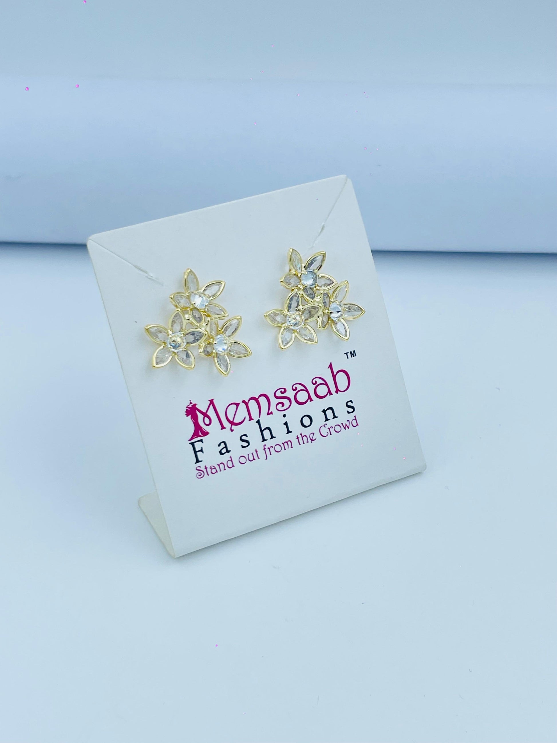 Floral Stud Earrings with Crystals in Silver and Gold