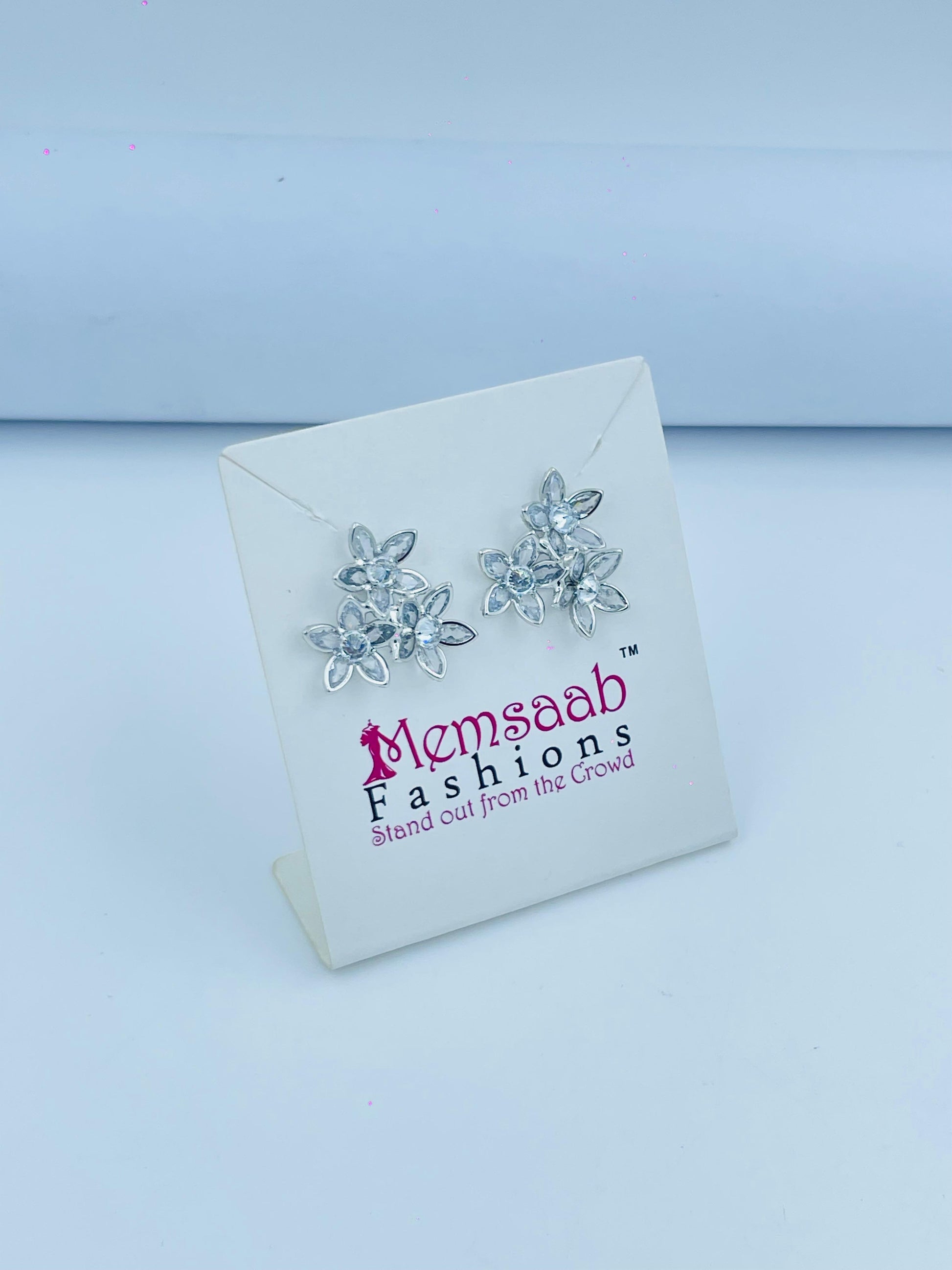 Floral Stud Earrings with Crystals in Silver and Gold