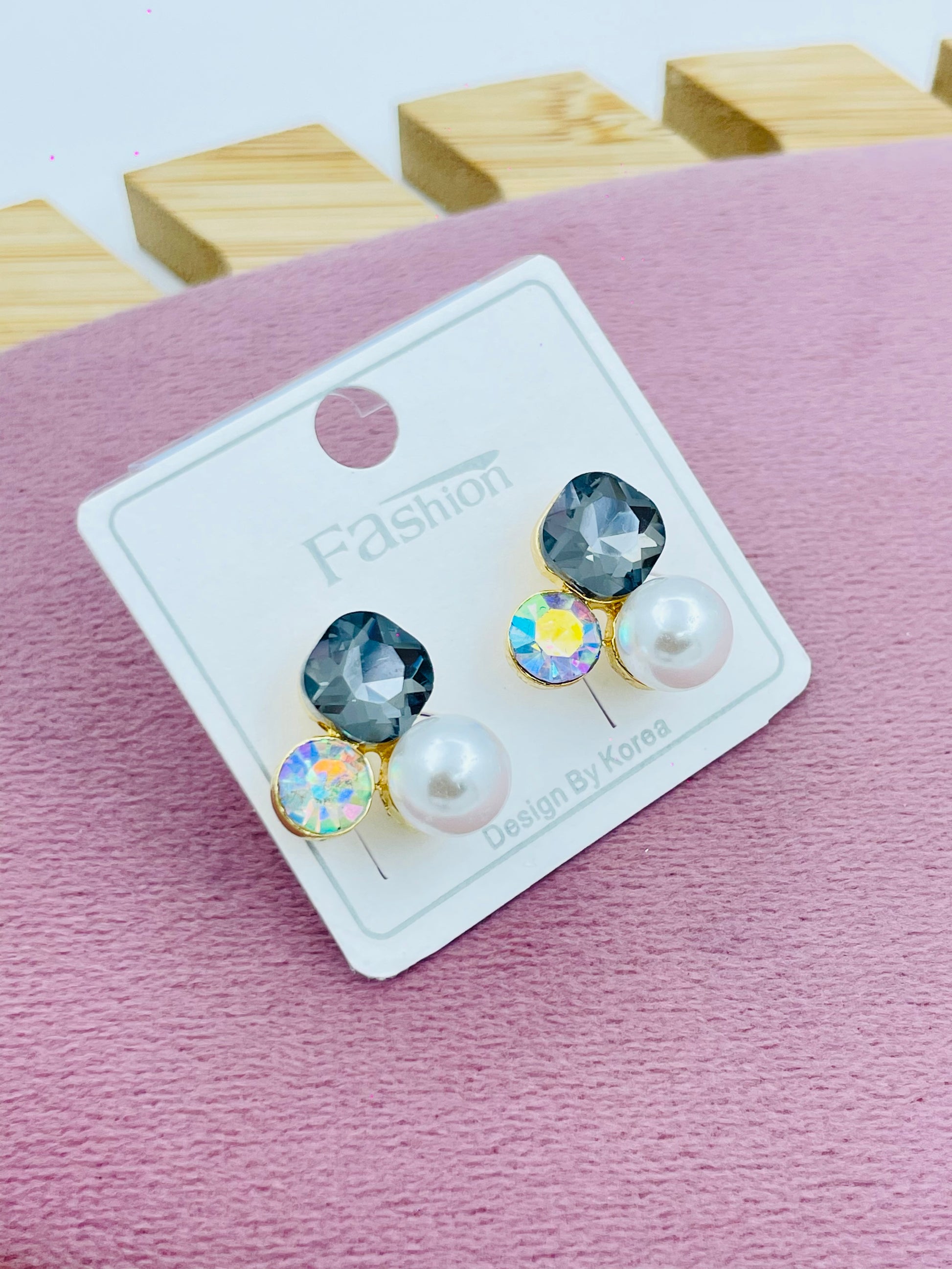 TriTone Stud Earrings with Gemstone Crystal and Pearl