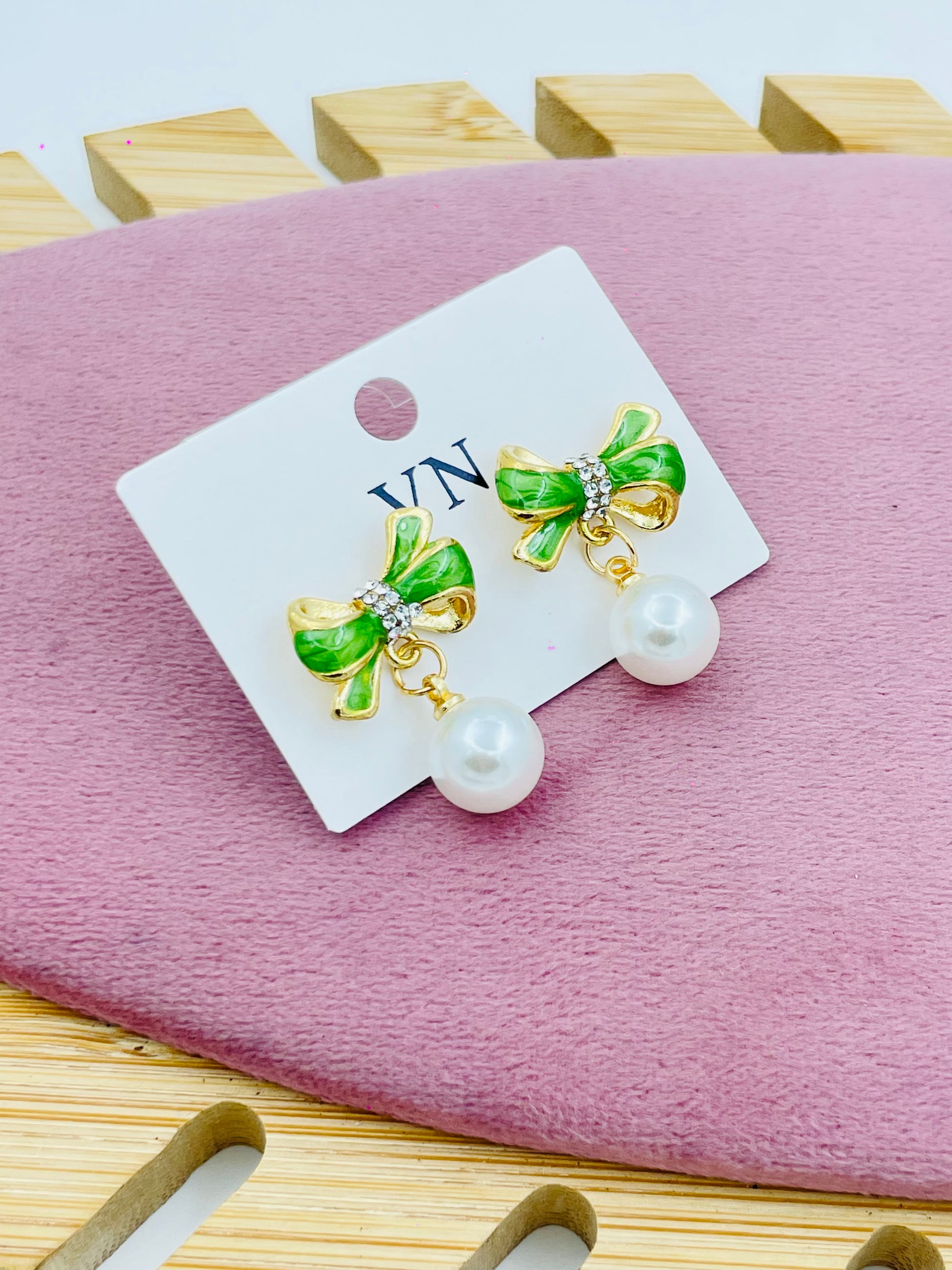 Elegant Green Bow Pearl Drop Earrings for Women