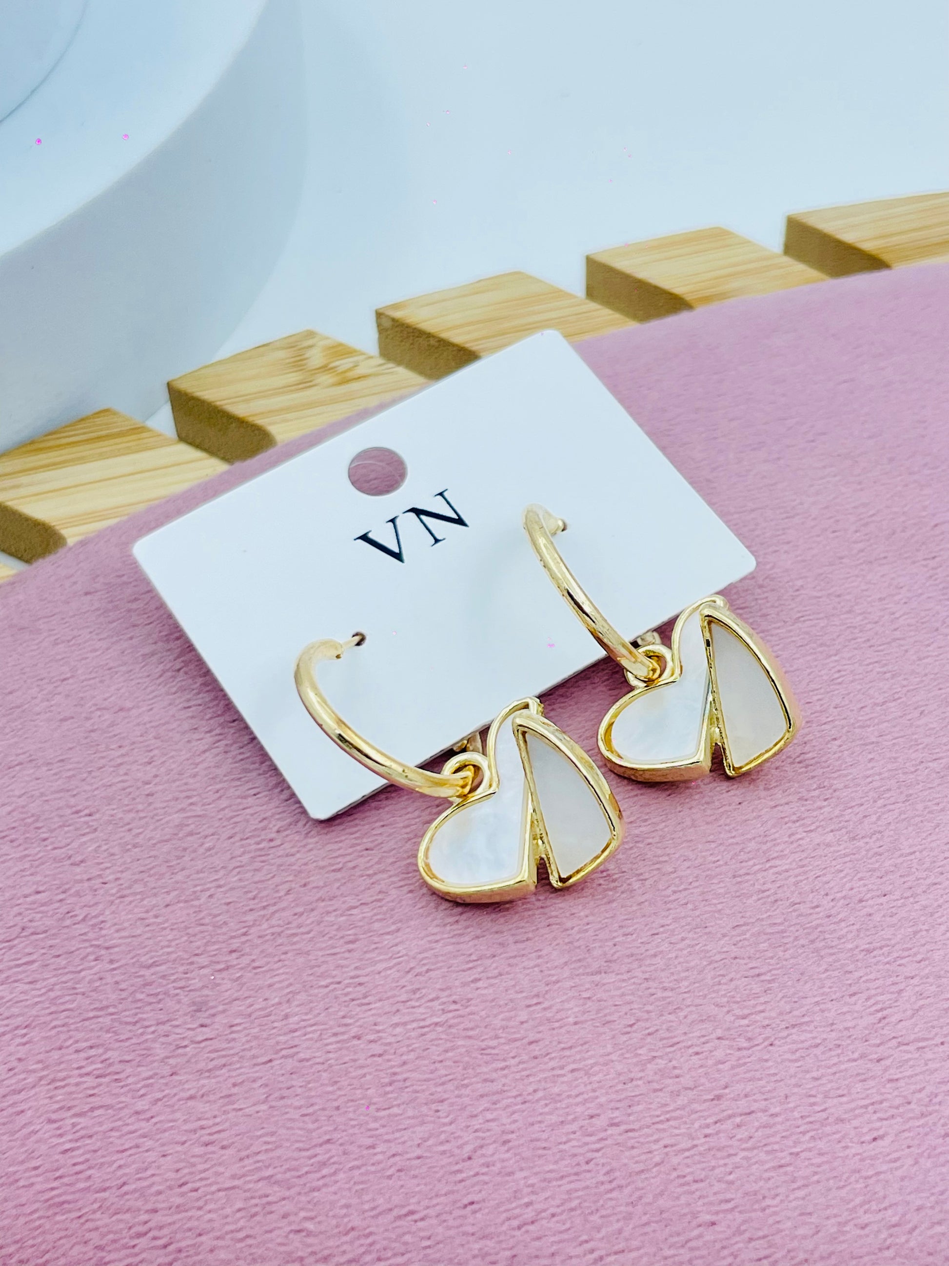 Elegant Gold Heart Outline Earrings with White Inlay