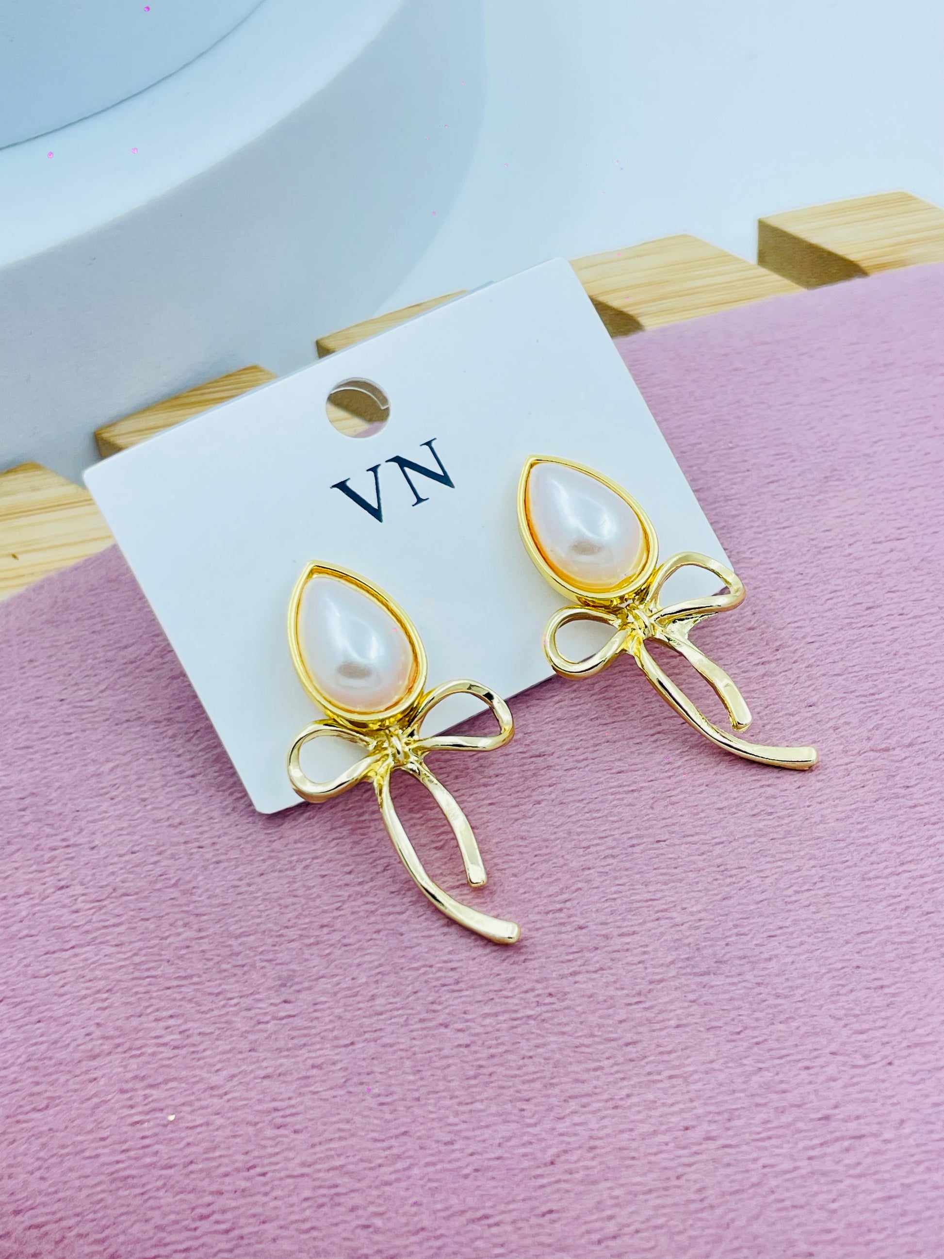 Elegant Gold Pearl Bow Earrings