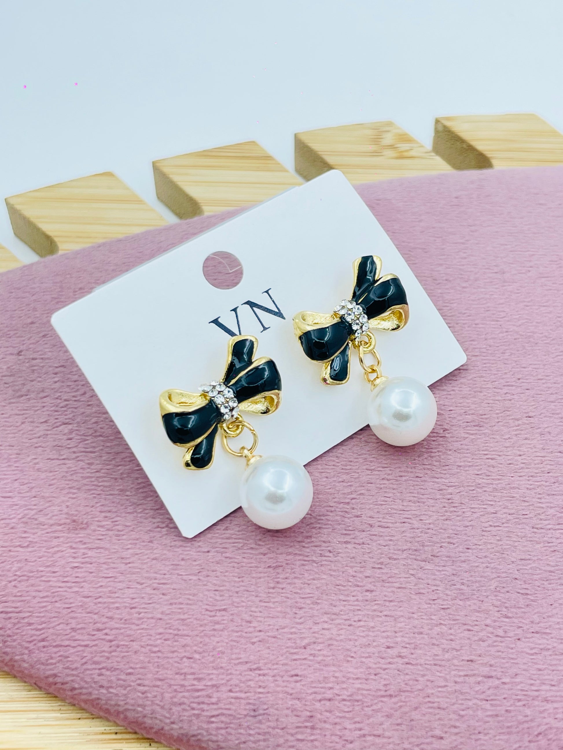 Elegant Black Bow Pearl Drop Earrings
