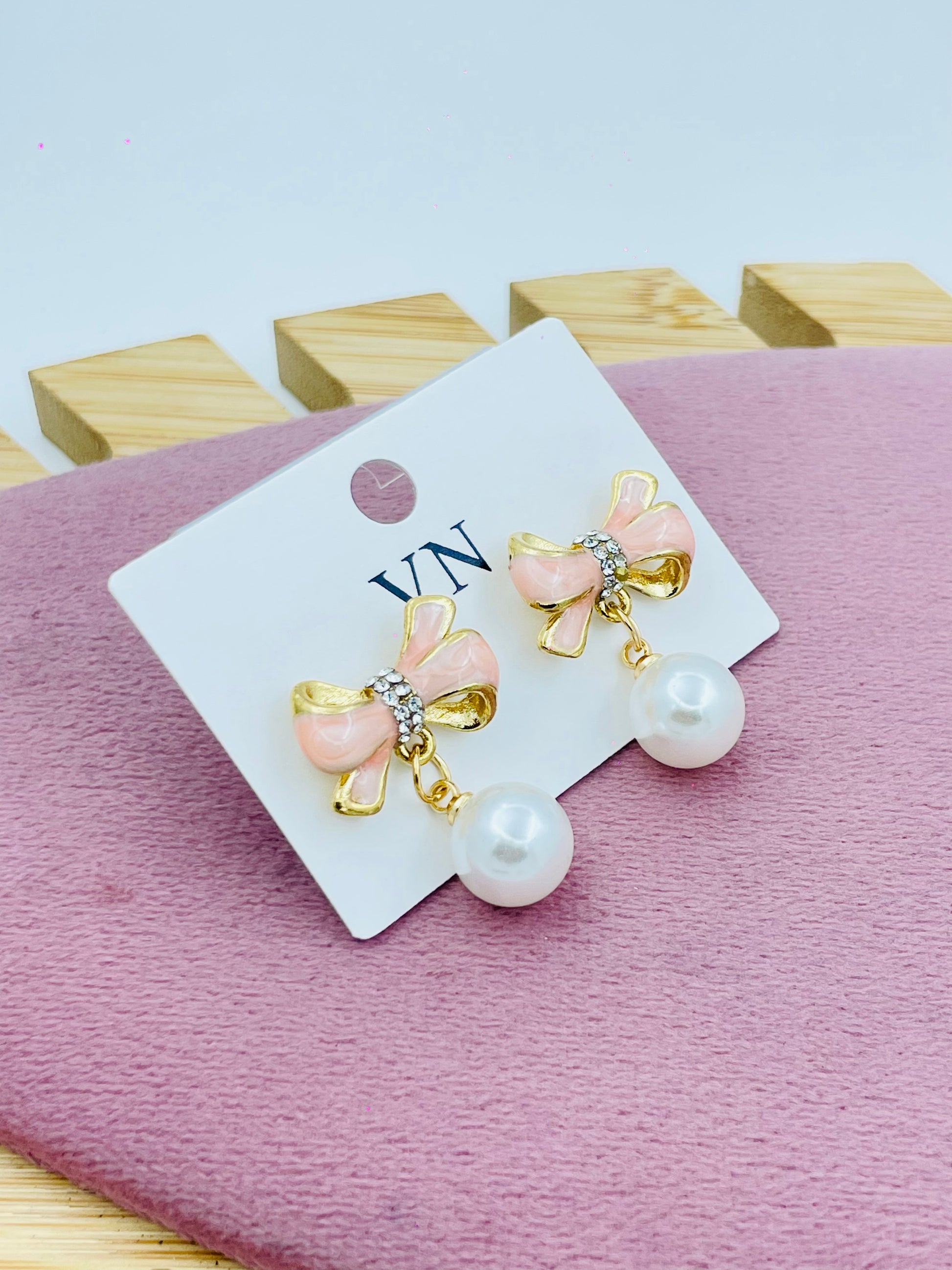 Elegant Pink Bow Pearl Drop Earrings