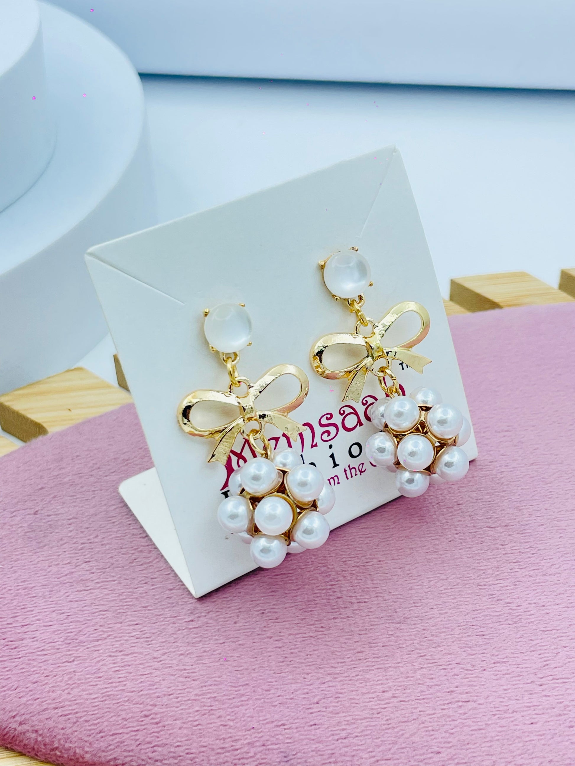 Elegant Pearl Cluster Drop Earrings with Gold Bow