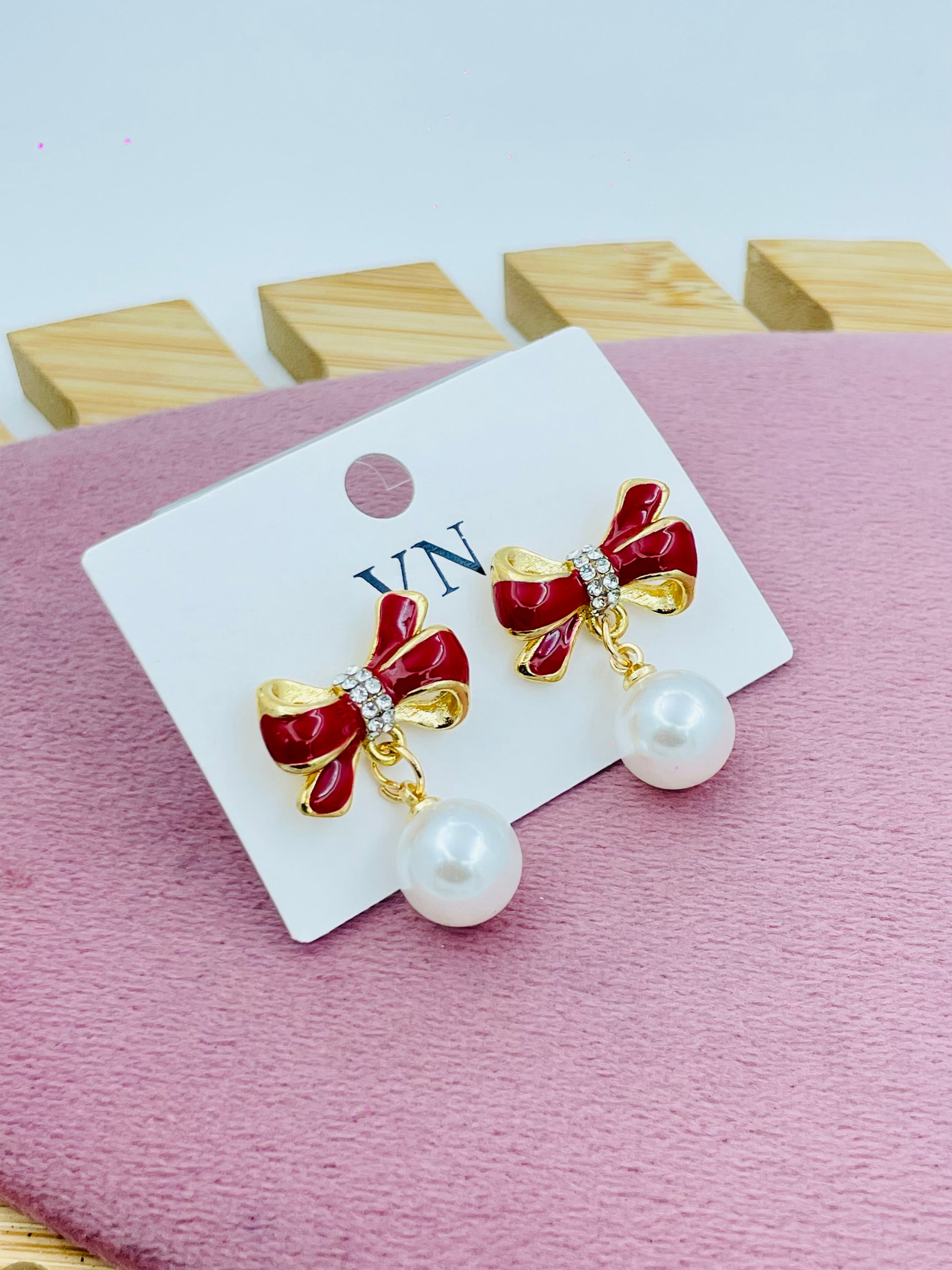 Elegant Red Bow Pearl Drop Earrings