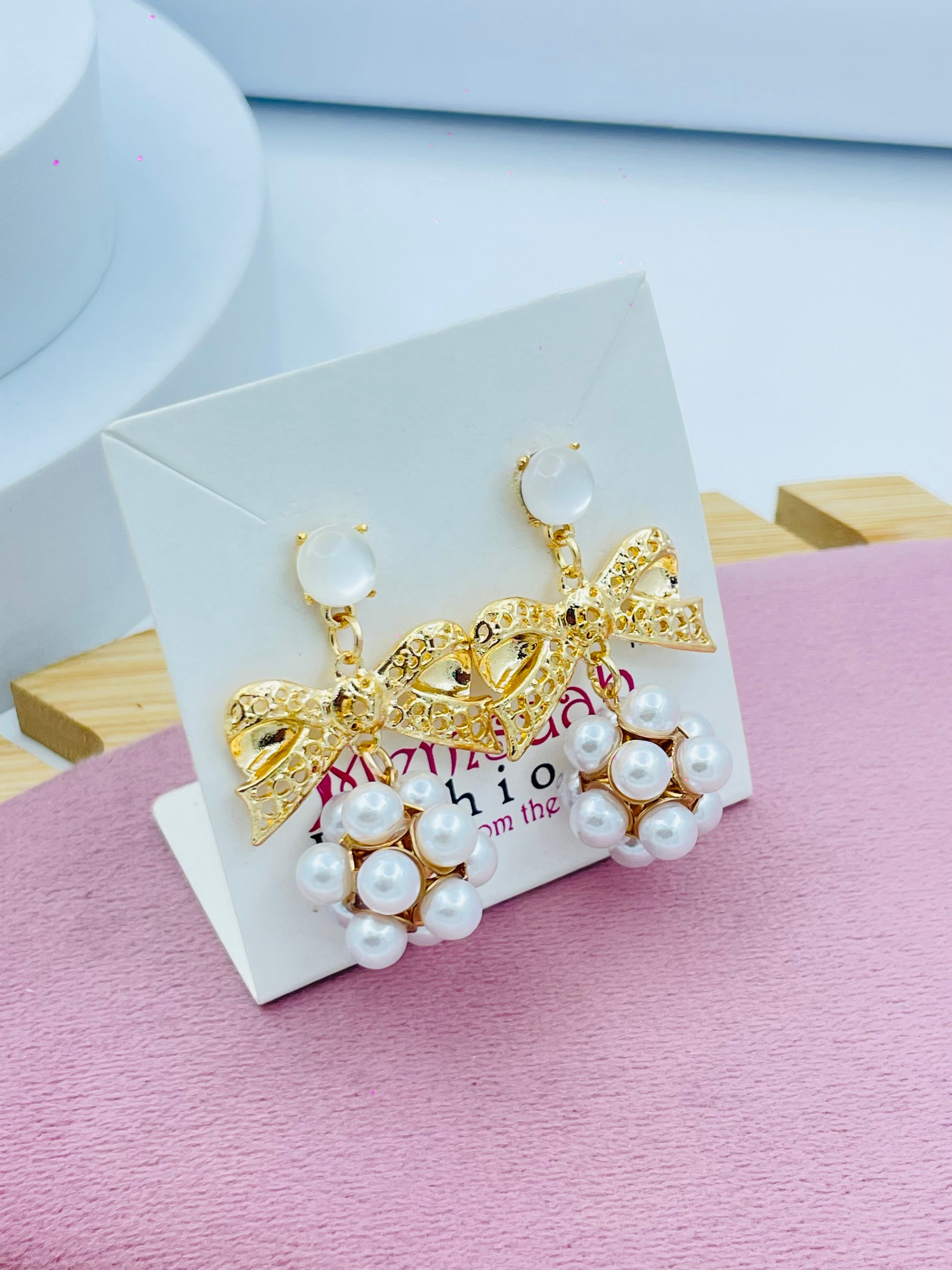 Elegant Gold Bow Pearl Drop Earrings