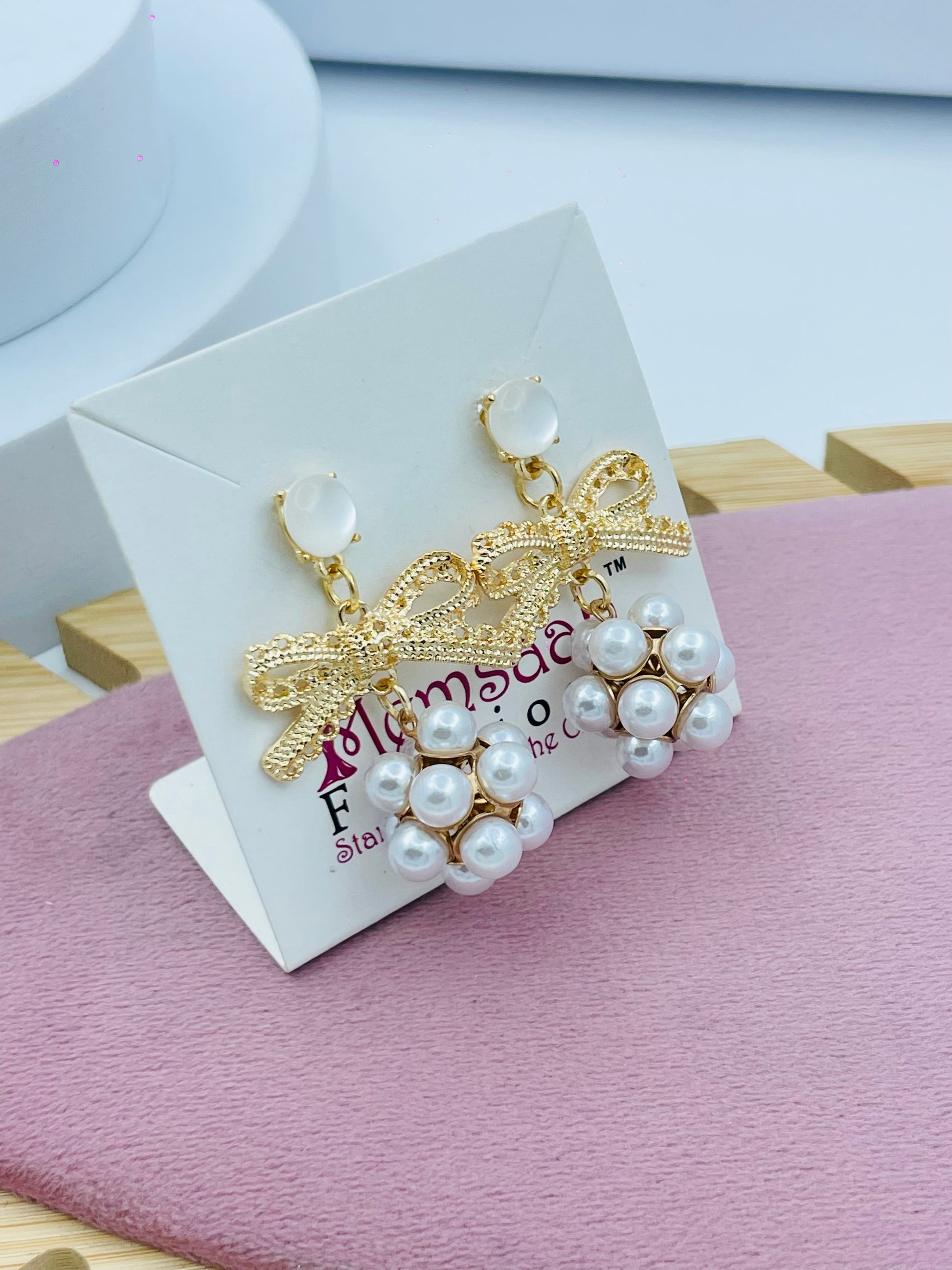 Gold Bow and Pearl Cluster Earrings  Elegant Jewelry