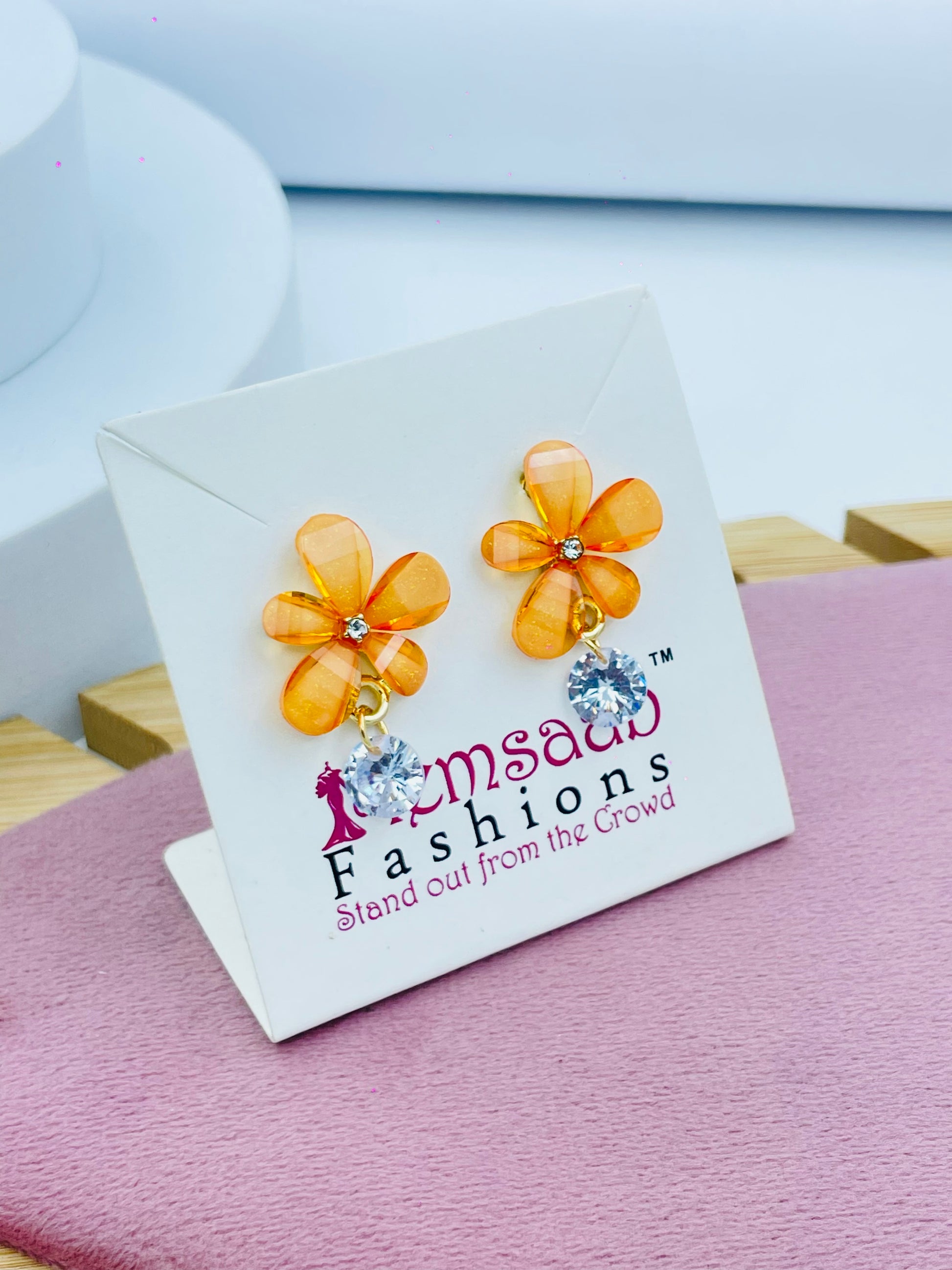 Elegant Orange Floral Earrings with Crystals