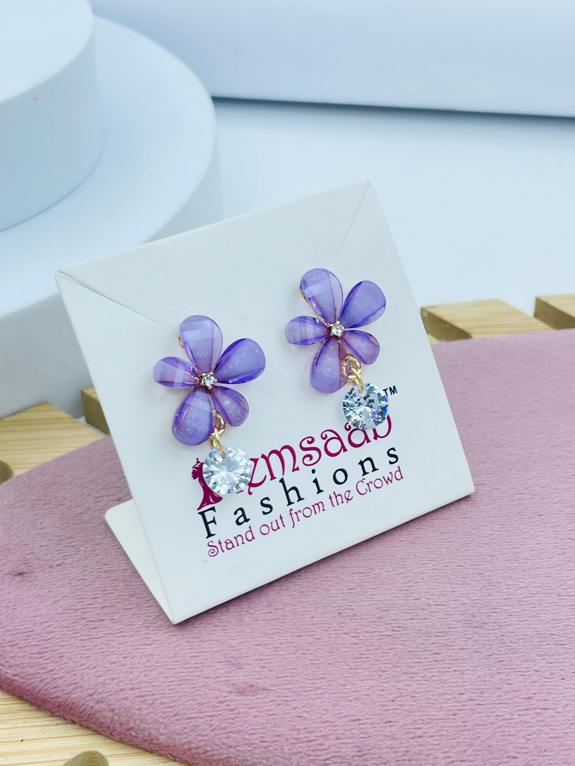 Elegant Purple Flower Earrings with Gemstone Drop