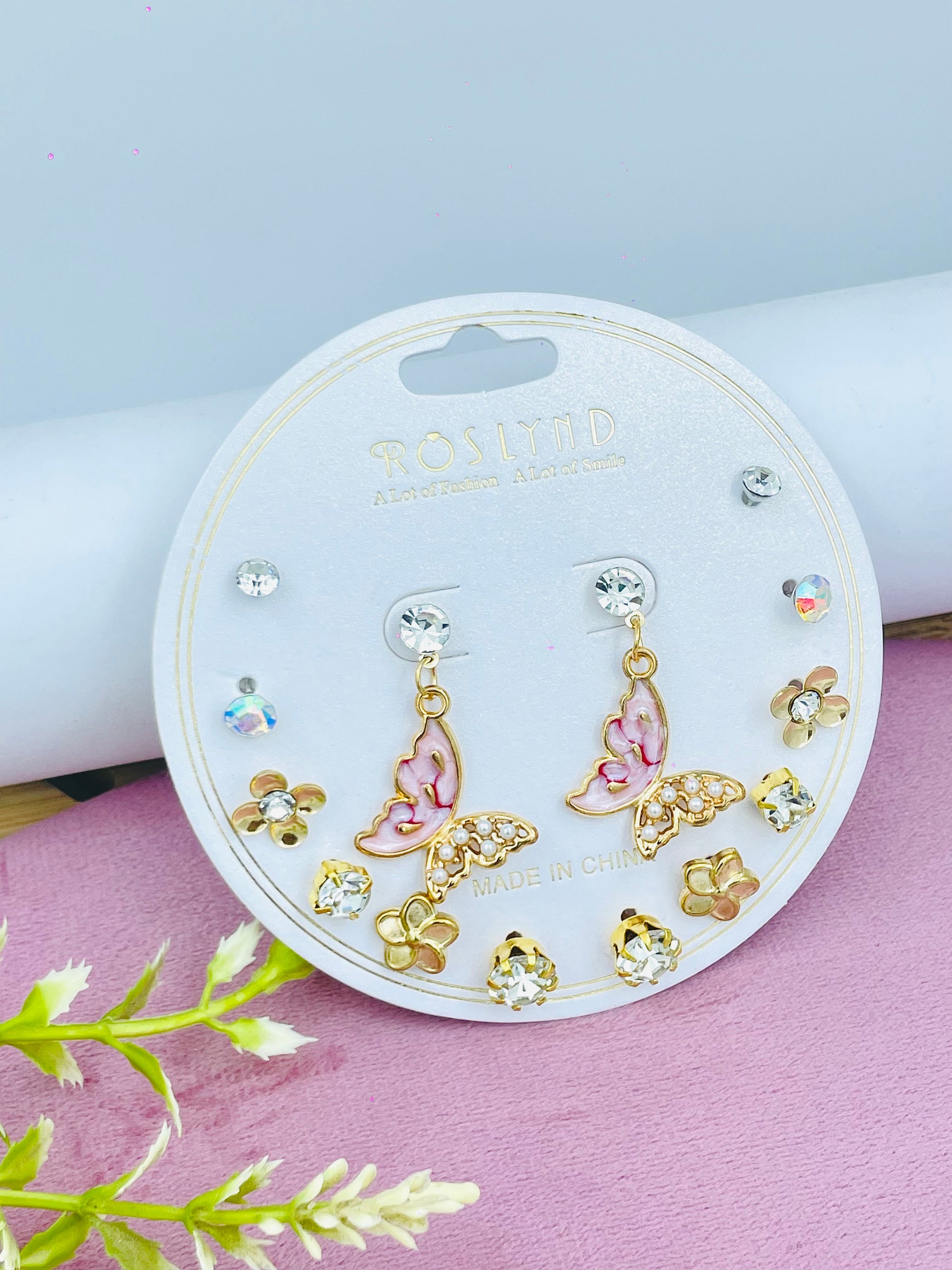 Butterfly and Flower Crystal Earrings Set  Elegant Jewelry