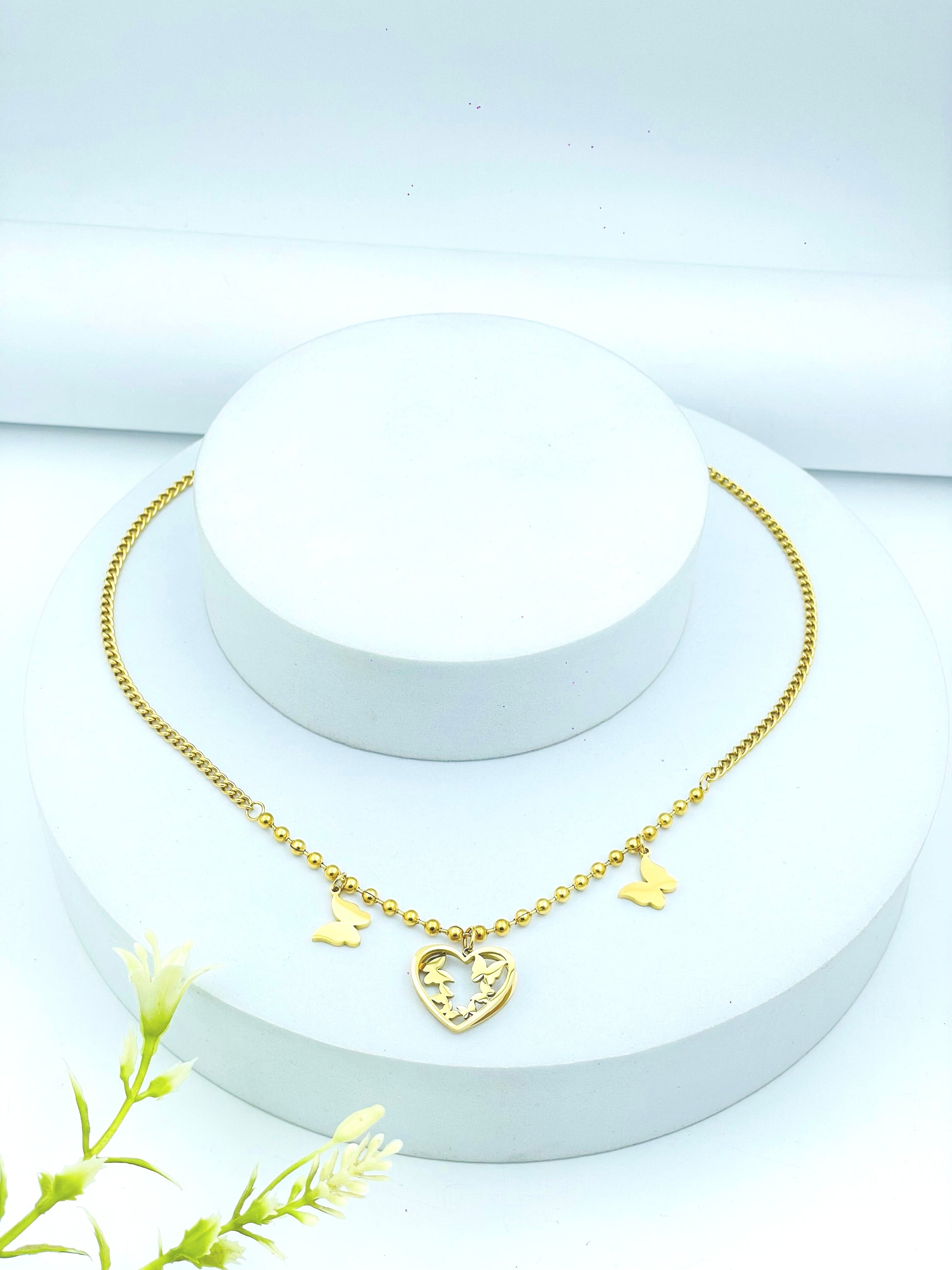 Elegant Gold Heart and Butterfly Charm Necklace