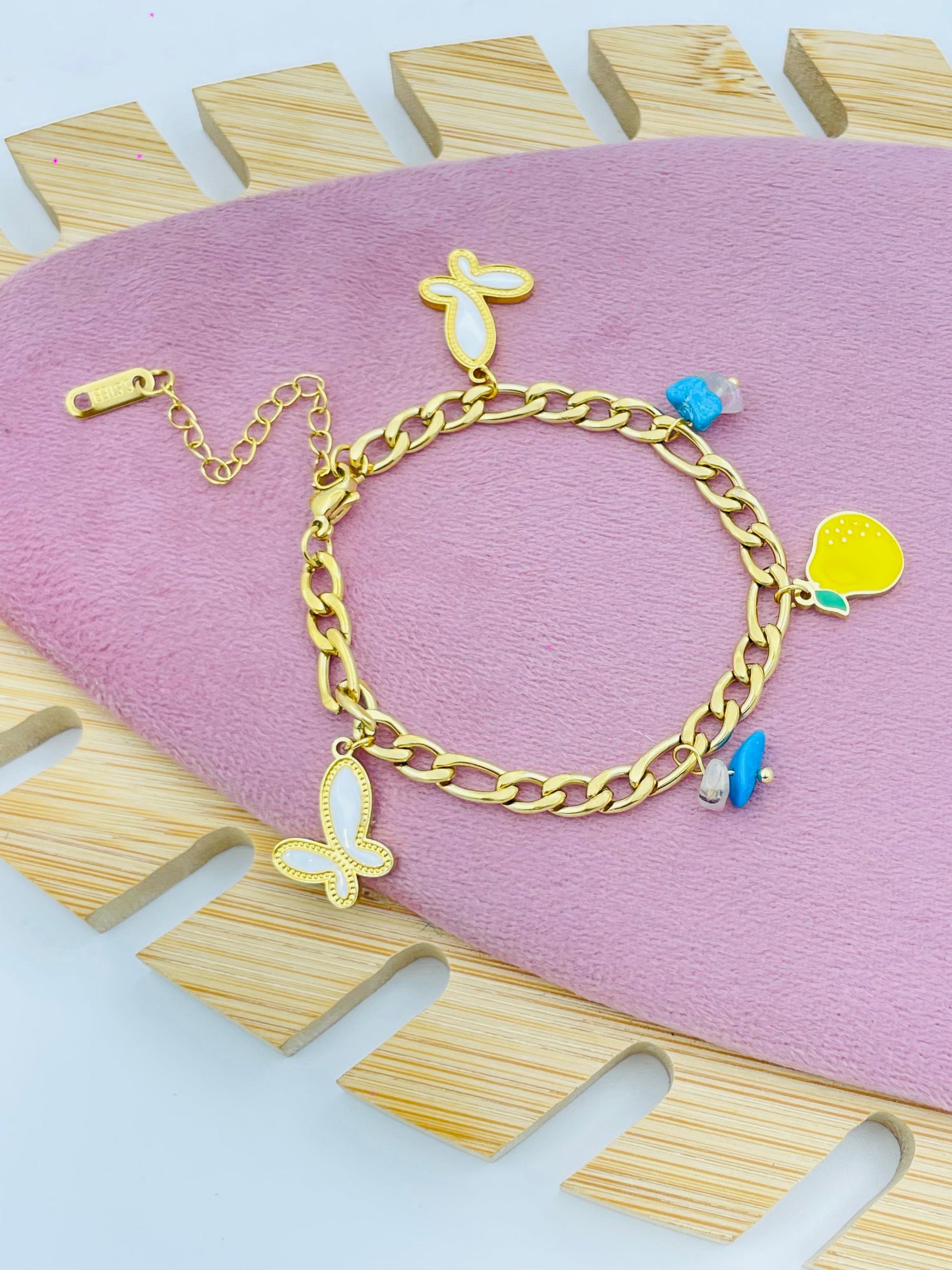 Stylish Gold Charm Bracelet with Colorful Pendants