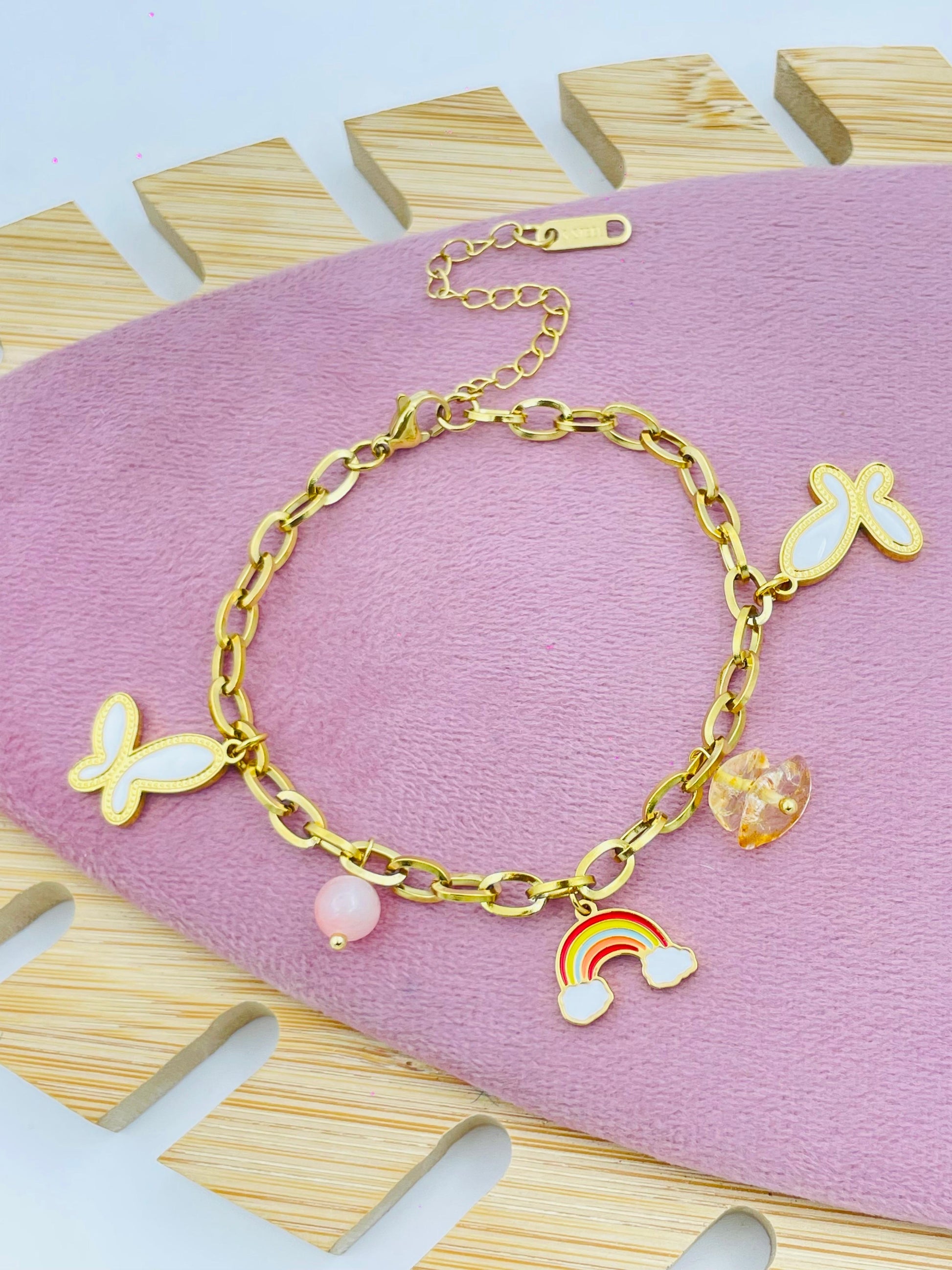 Gold Charm Bracelet with Butterfly and Rainbow Pendants