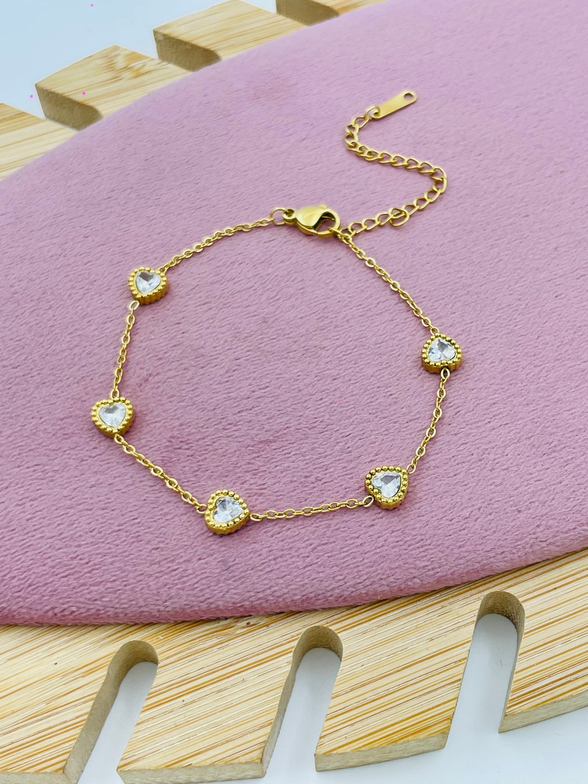 Elegant Gold Heart Charm Bracelet with Crystal Accents