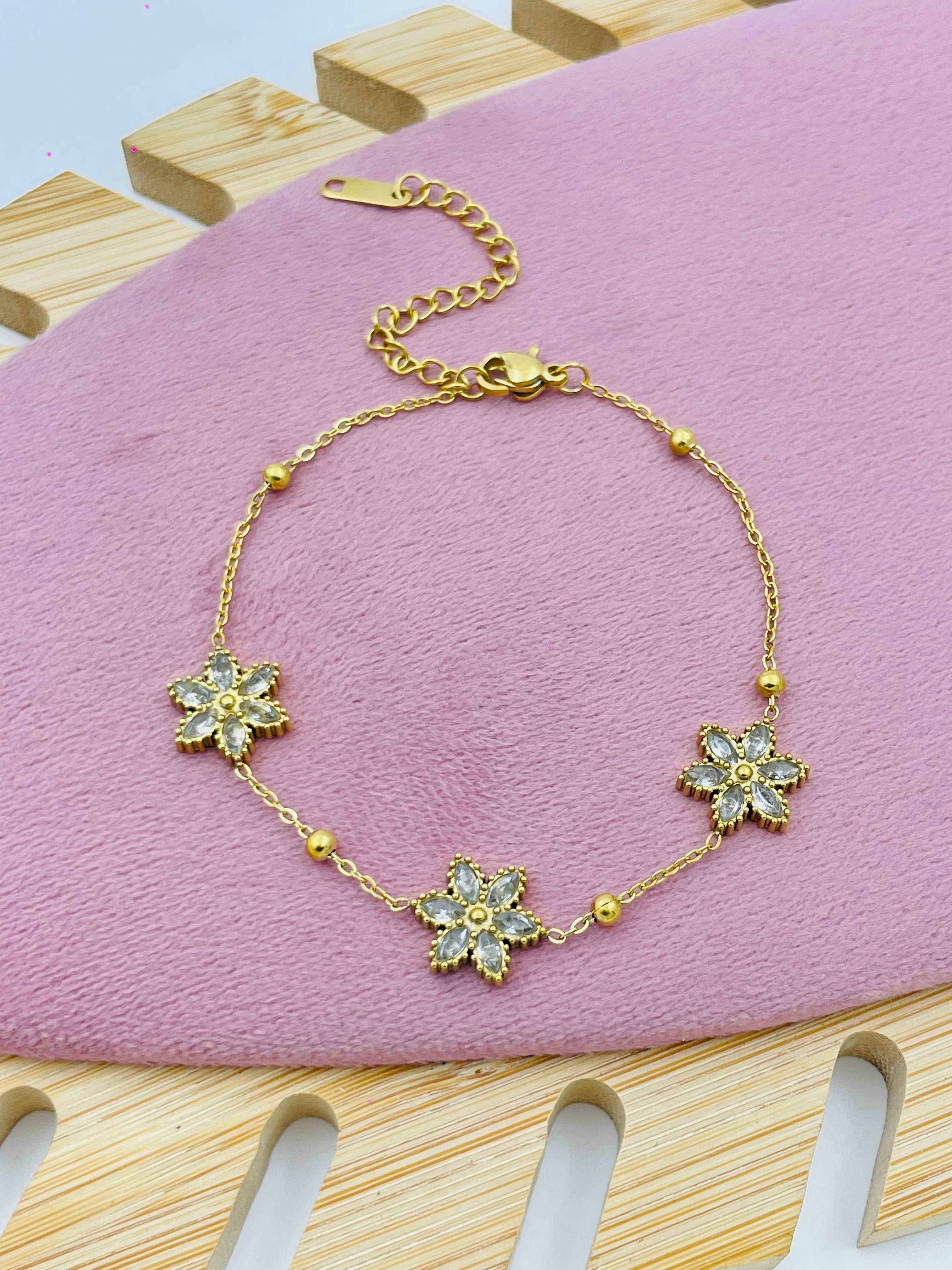 Elegant Gold Floral Charm Bracelet with Crystal Accents