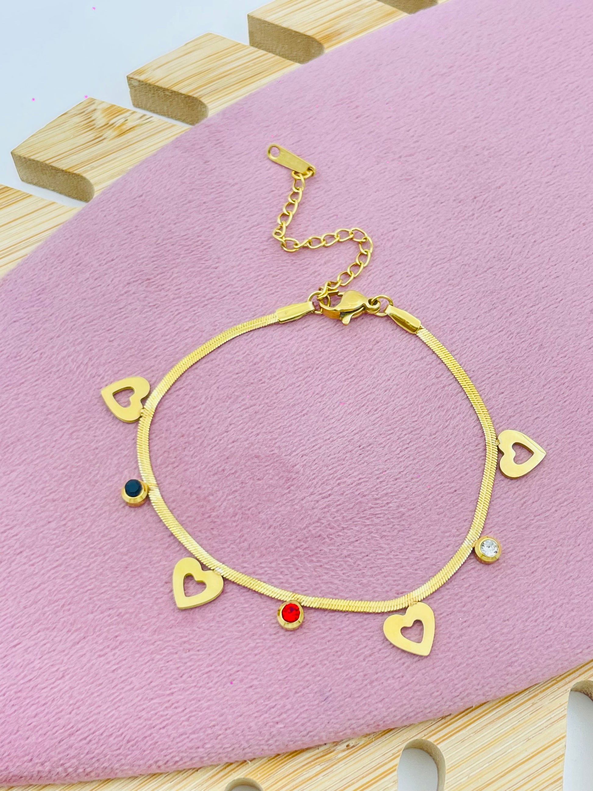 Elegant Gold Heart Charm Bracelet with Multicolor Stones