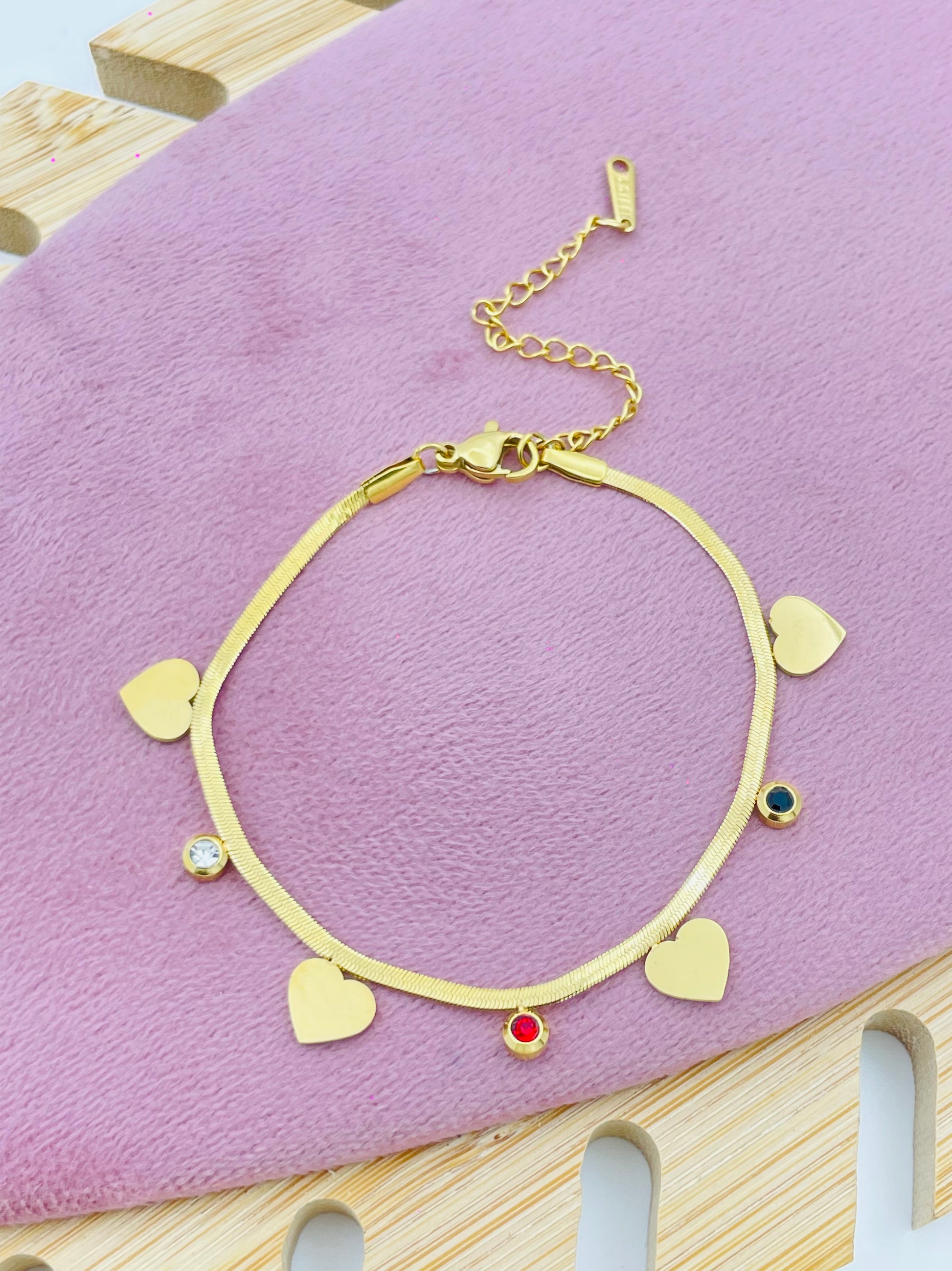 Elegant Gold Heart Charm Bracelet with Colorful Gemstones