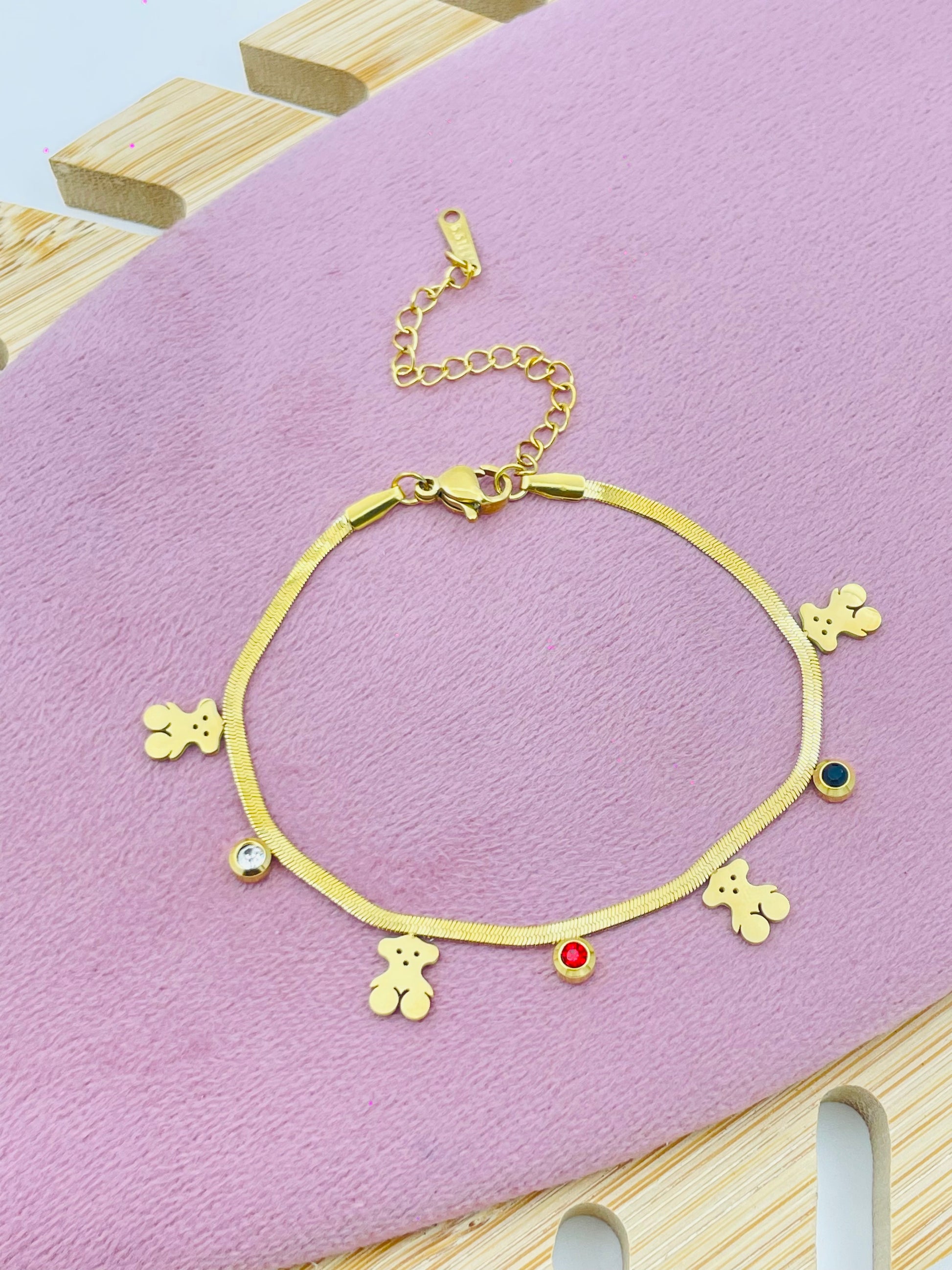 Gold Plated Teddy Bear Charm Bracelet with Gemstones