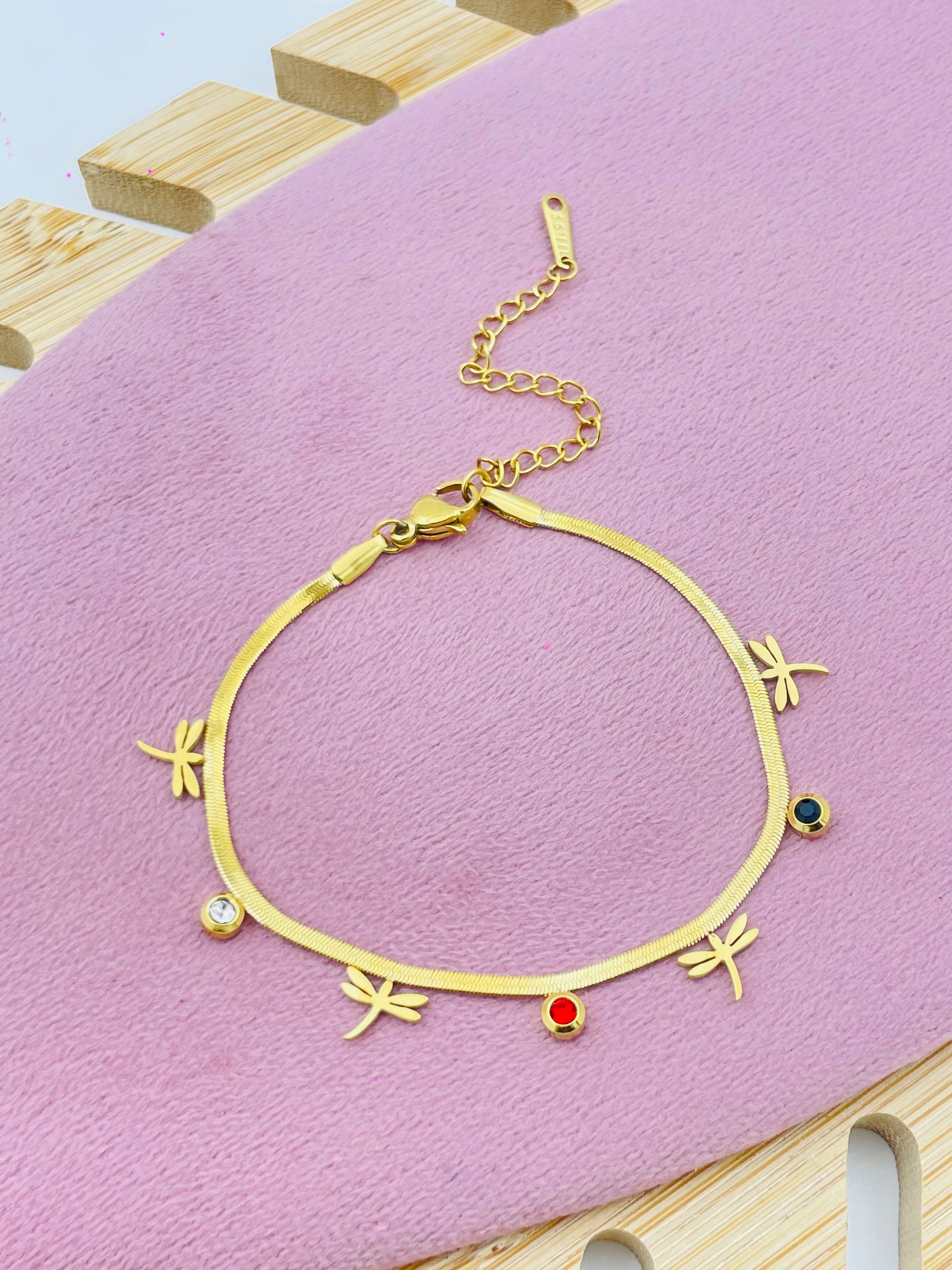 Golden Dragonfly Charm Bracelet with Gemstones