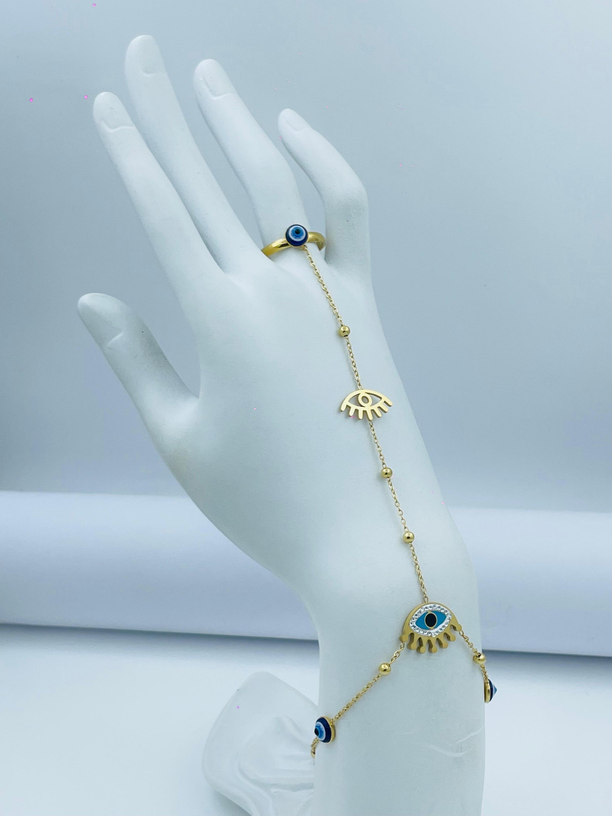 Gold Evil Eye Hand Harness Bracelet with Ring – Protection Jewelry
