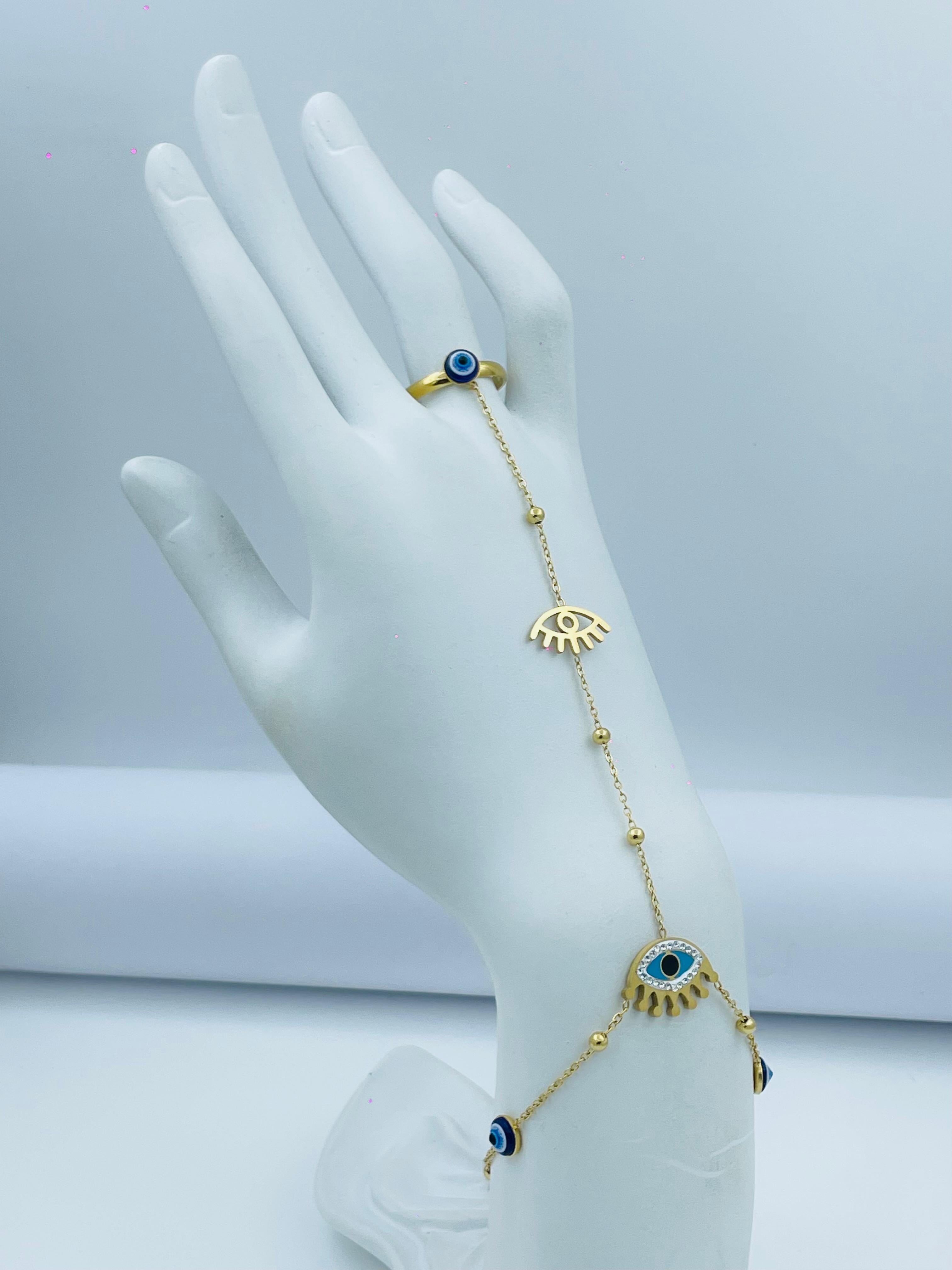 Gold Evil Eye Hand Harness Bracelet with Ring – Protection Jewelry