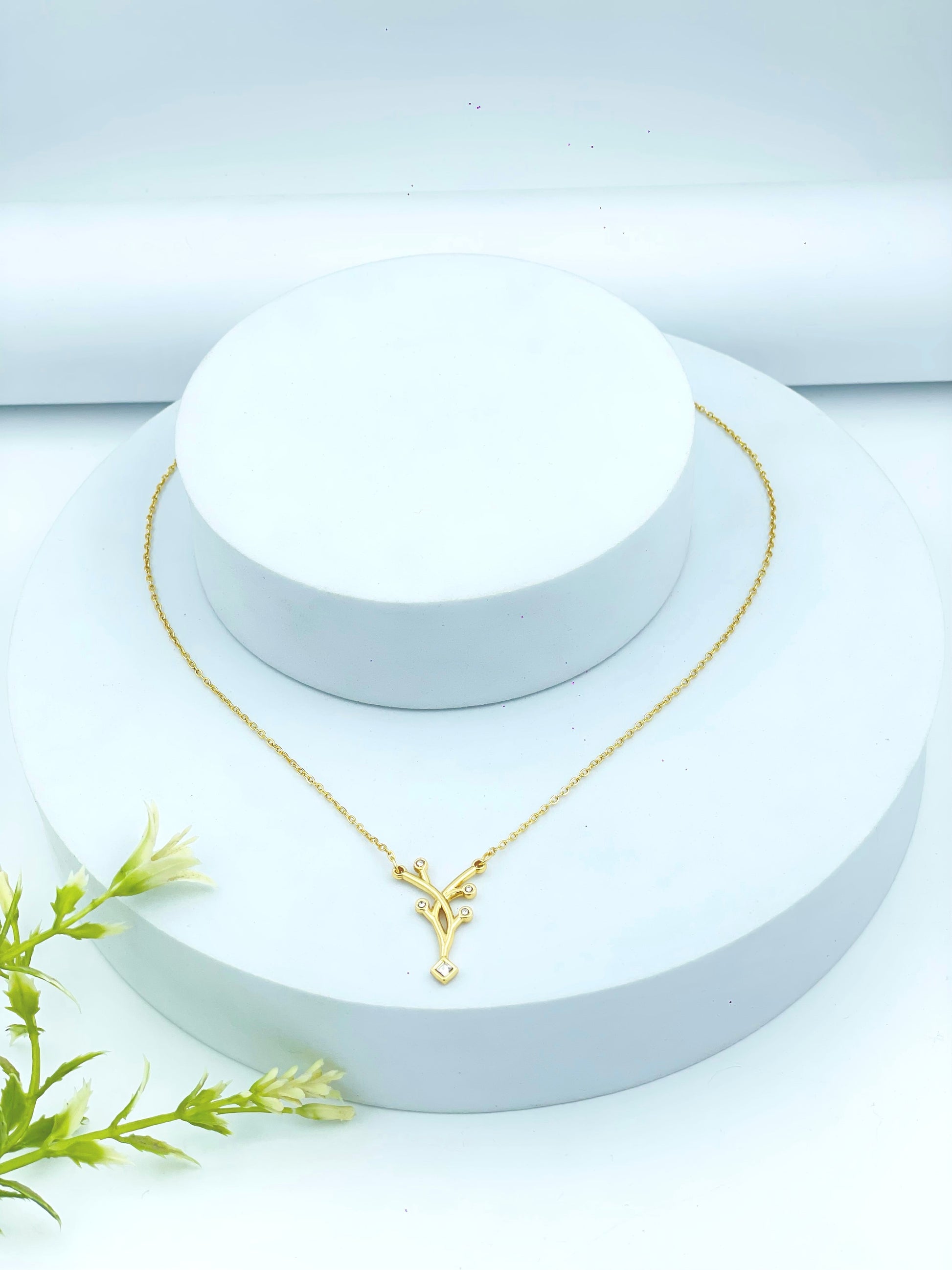 Gold Branch Pendant Necklace with Clear Stones – Nature’s Grace in Minimal Form