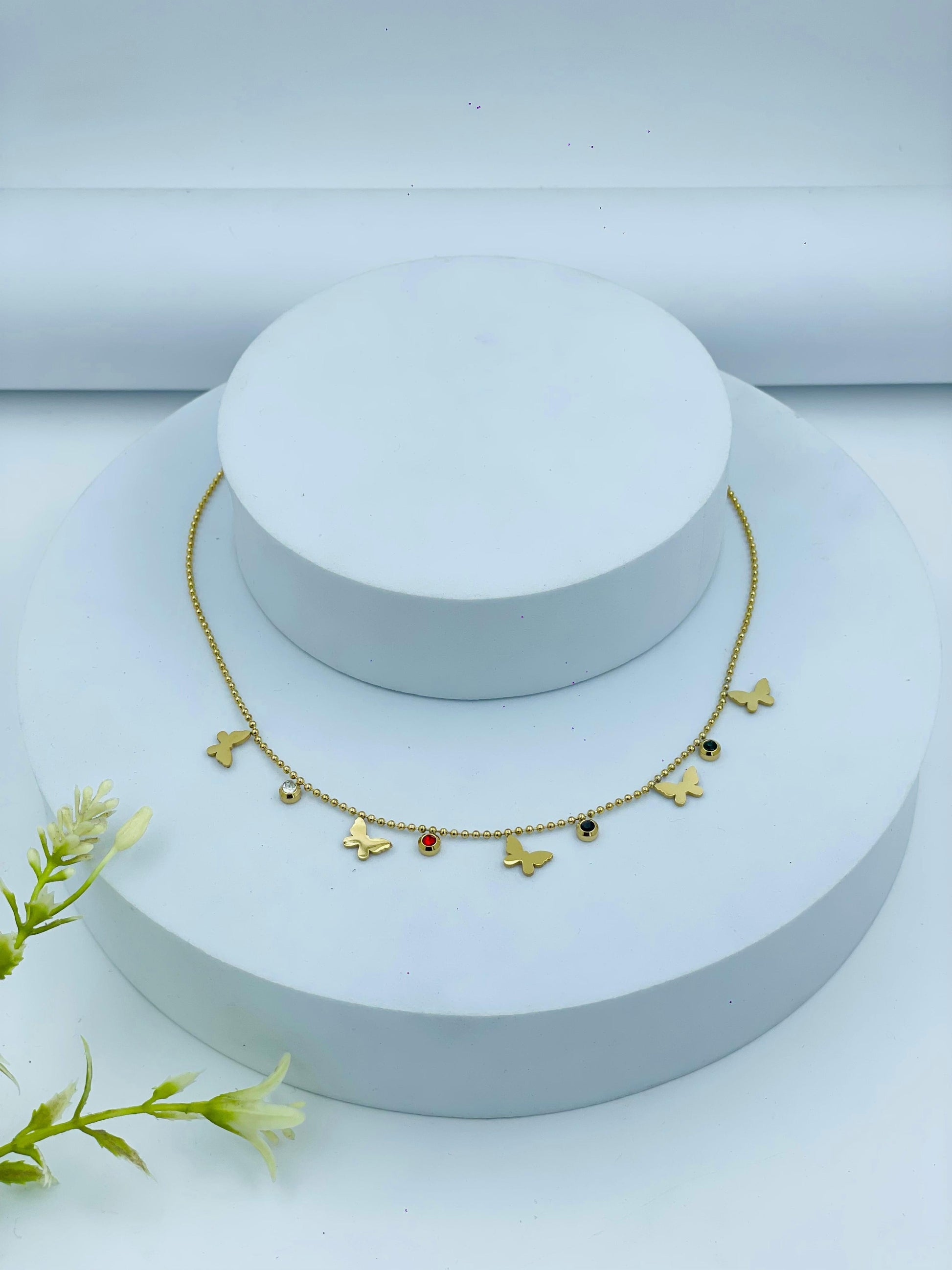 Gold Butterfly Charm Necklace with Colorful Stone Accents – Trendy Jewelry