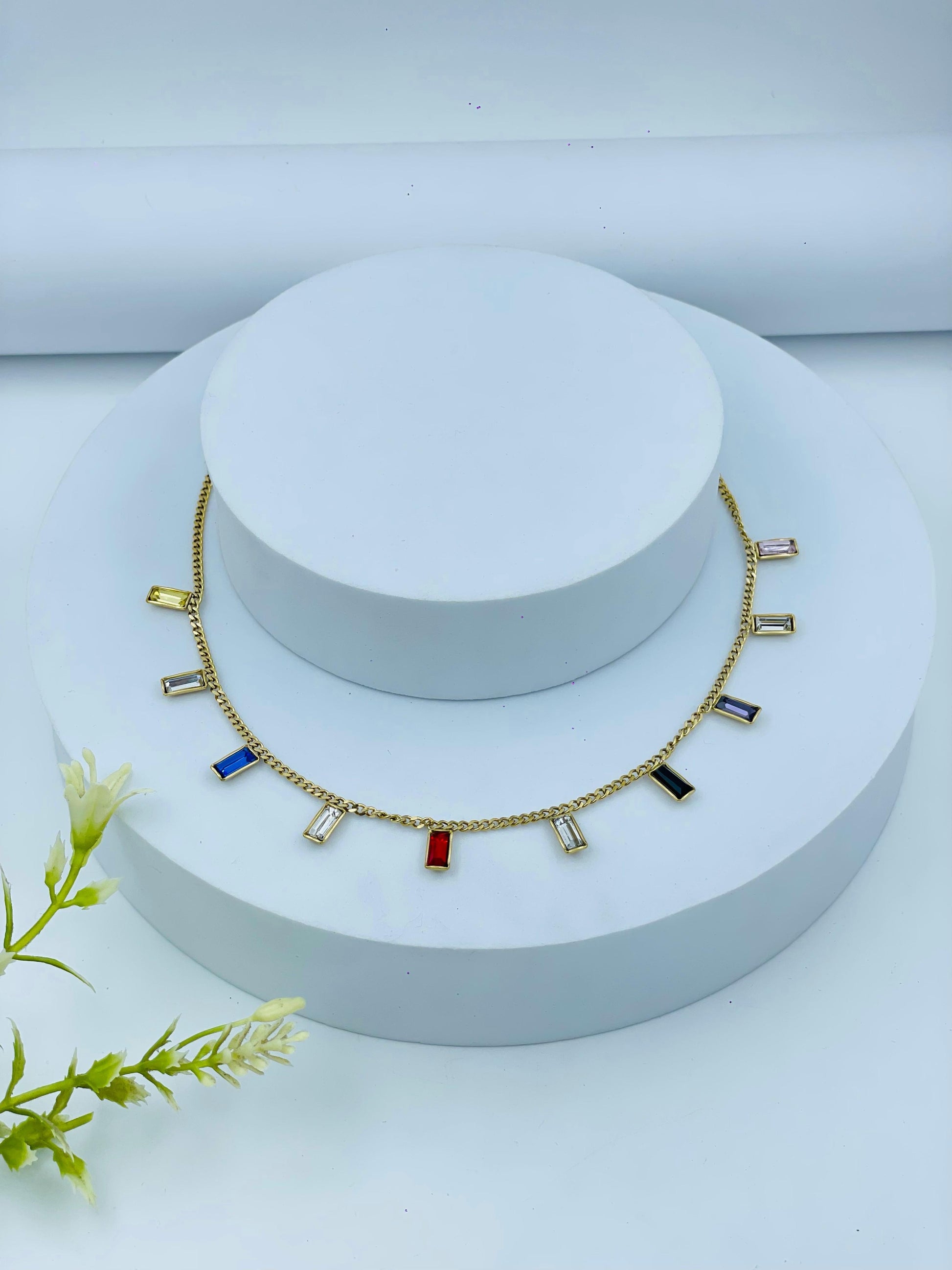 Gold Chain Necklace with Colorful Baguette Charms – Minimal & Elegant