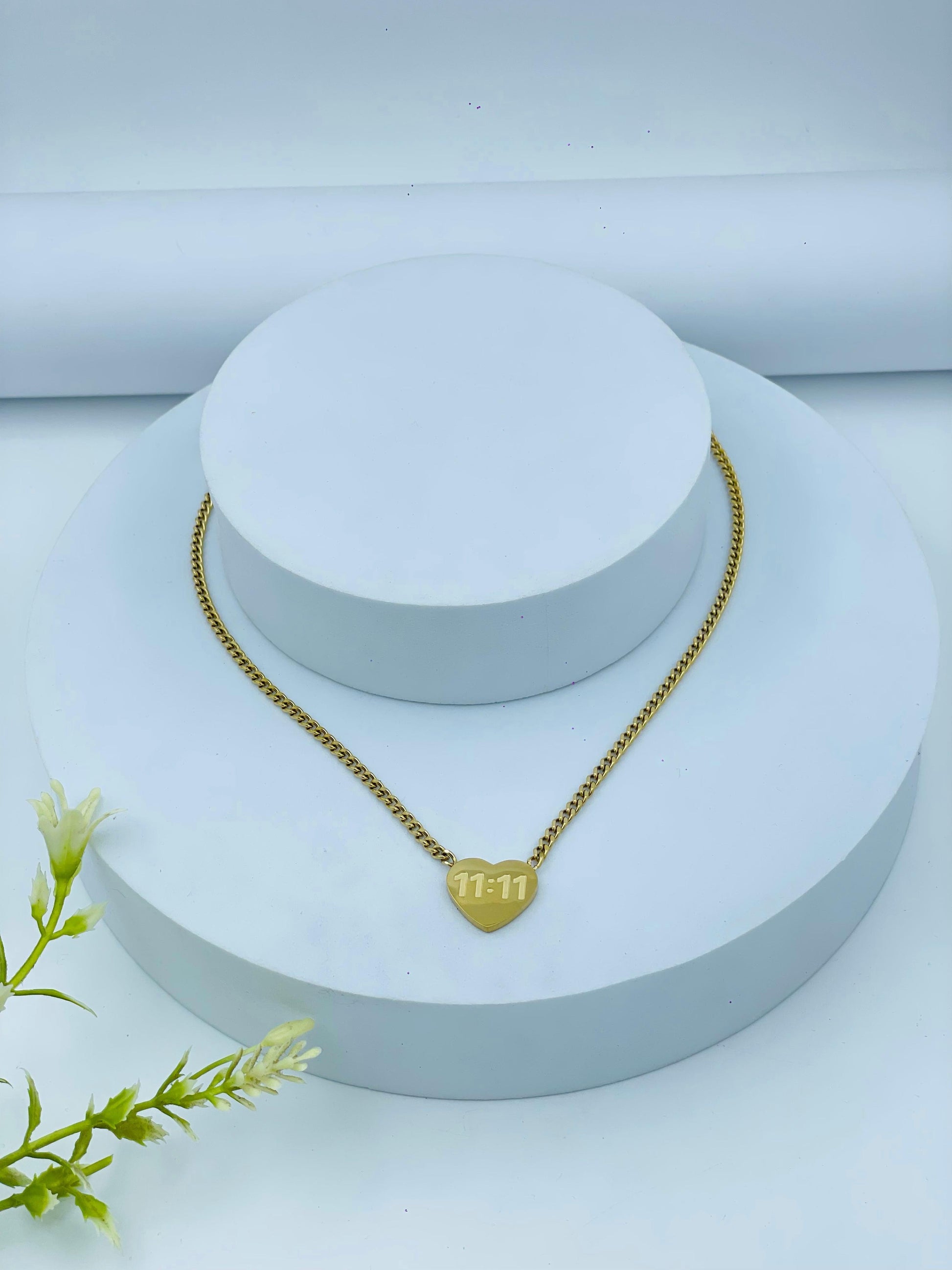 Gold Heart Pendant Necklace with 11:11 Engraving – Anti-Tarnish | Daily Wear