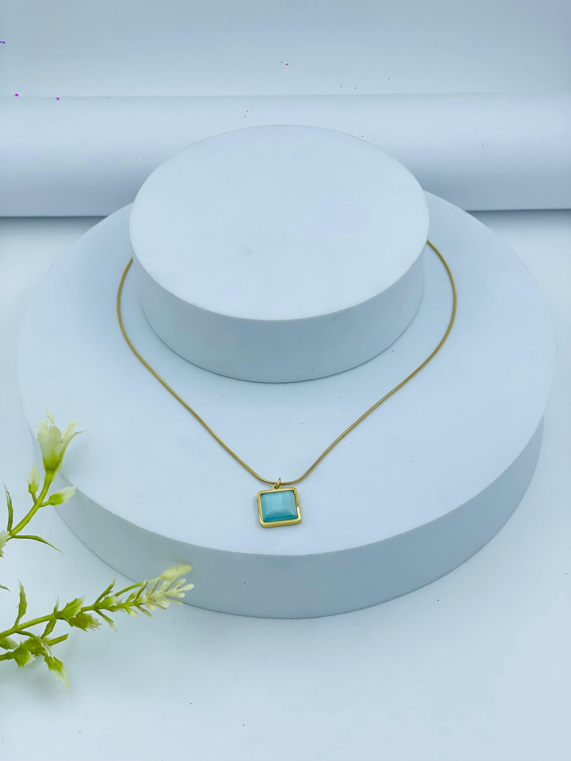 Gold Chain Necklace with Blue Square Pendant | Minimalist Jewelry