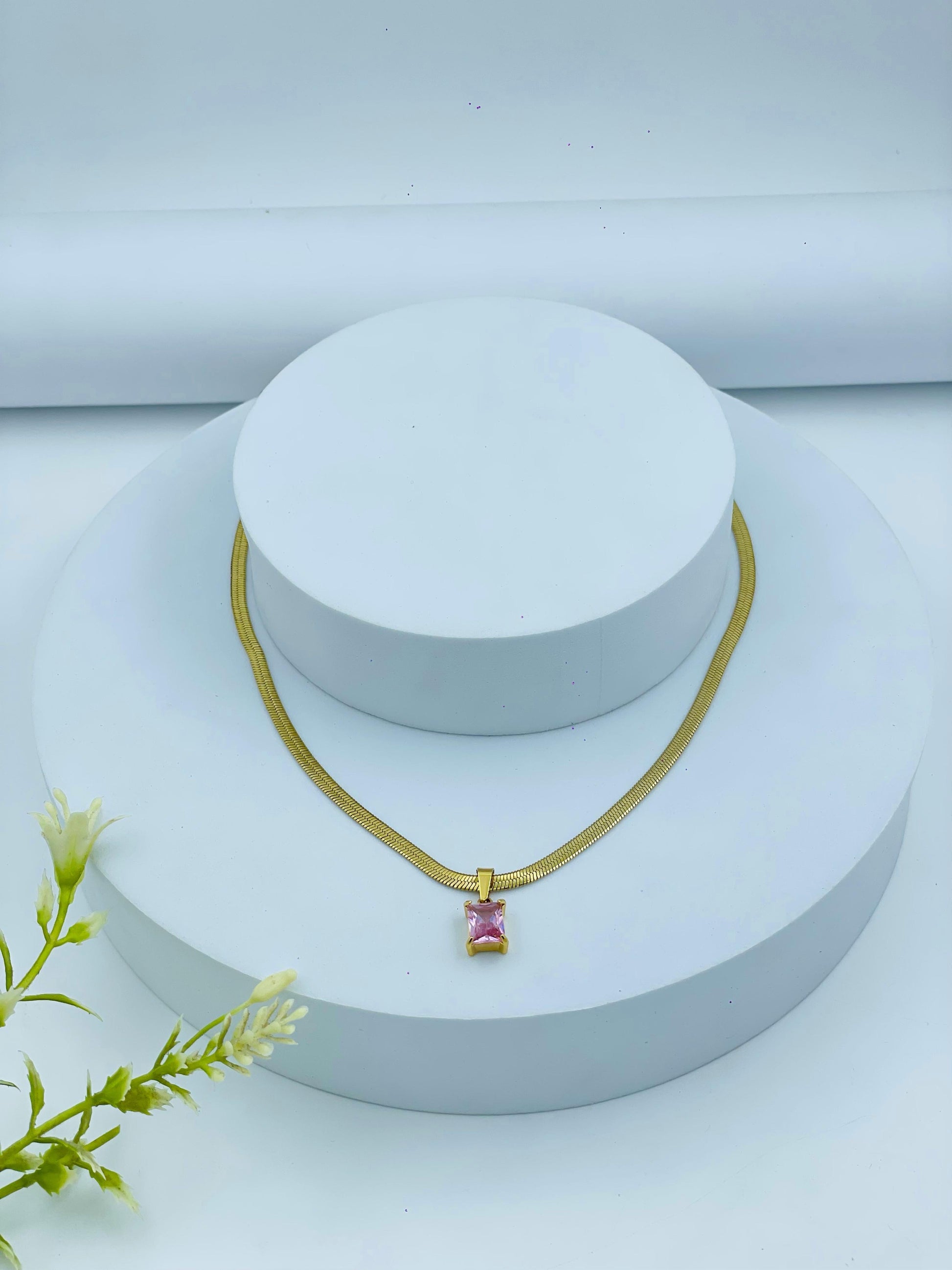 Elegant Gold Chain with Pink Stone Pendant | Anti-Tarnish Necklace for Women